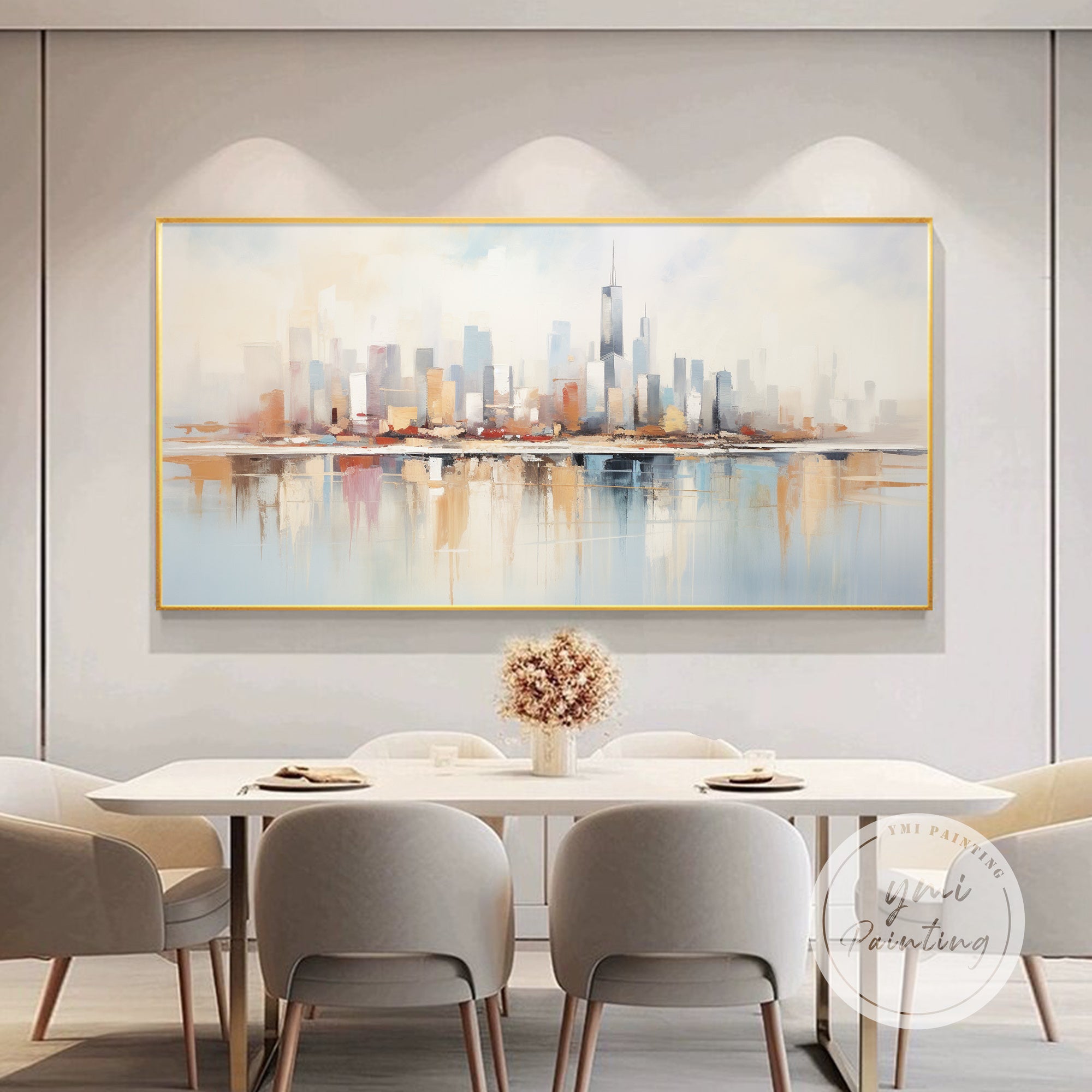 Large abstract Chicago skyline canvas art for minimalist home interior