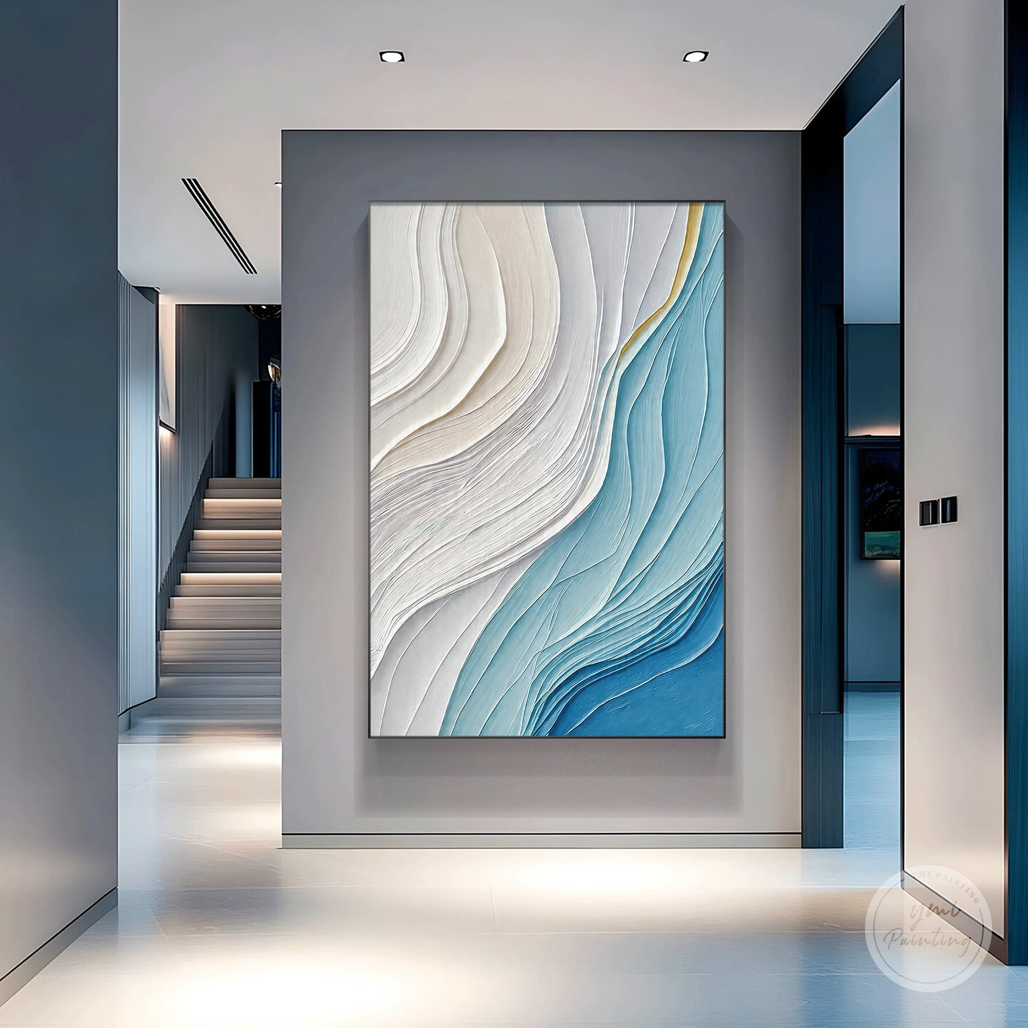 neutral blue flowing lines artwork
