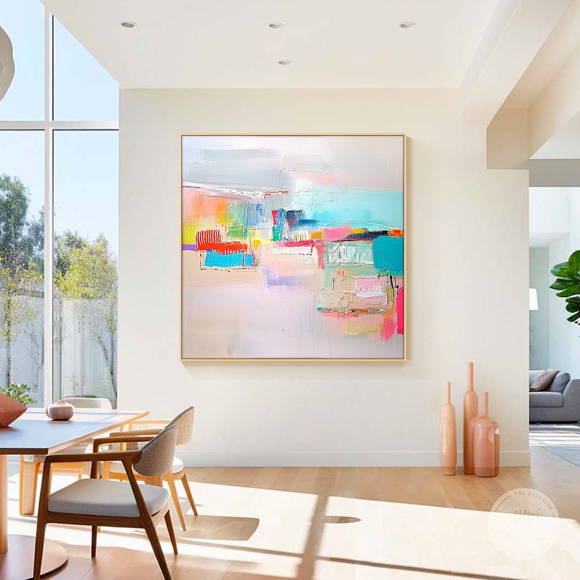 modern abstract artwork with pink teal and orange