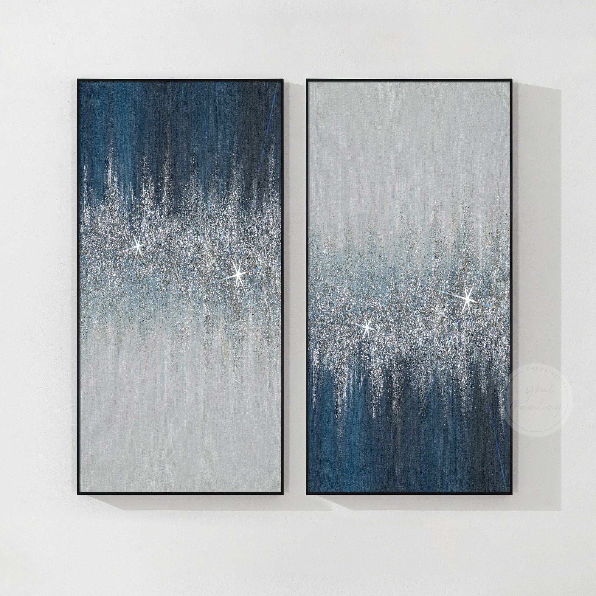 Modern glam wall art featuring navy blue tones, silver glitter accents, and unique handcrafted texture