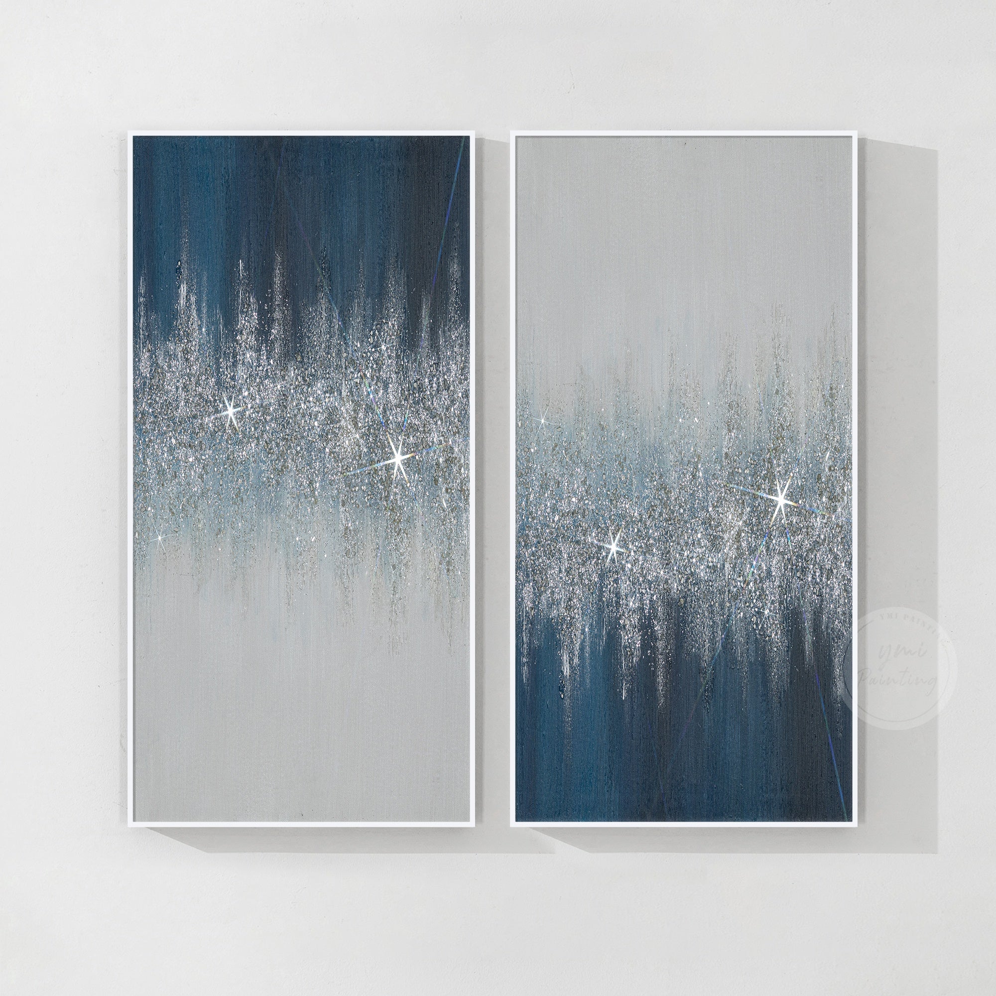 Navy blue glitter art painting with silver sparkle texture and modern luxury abstract wall decor design