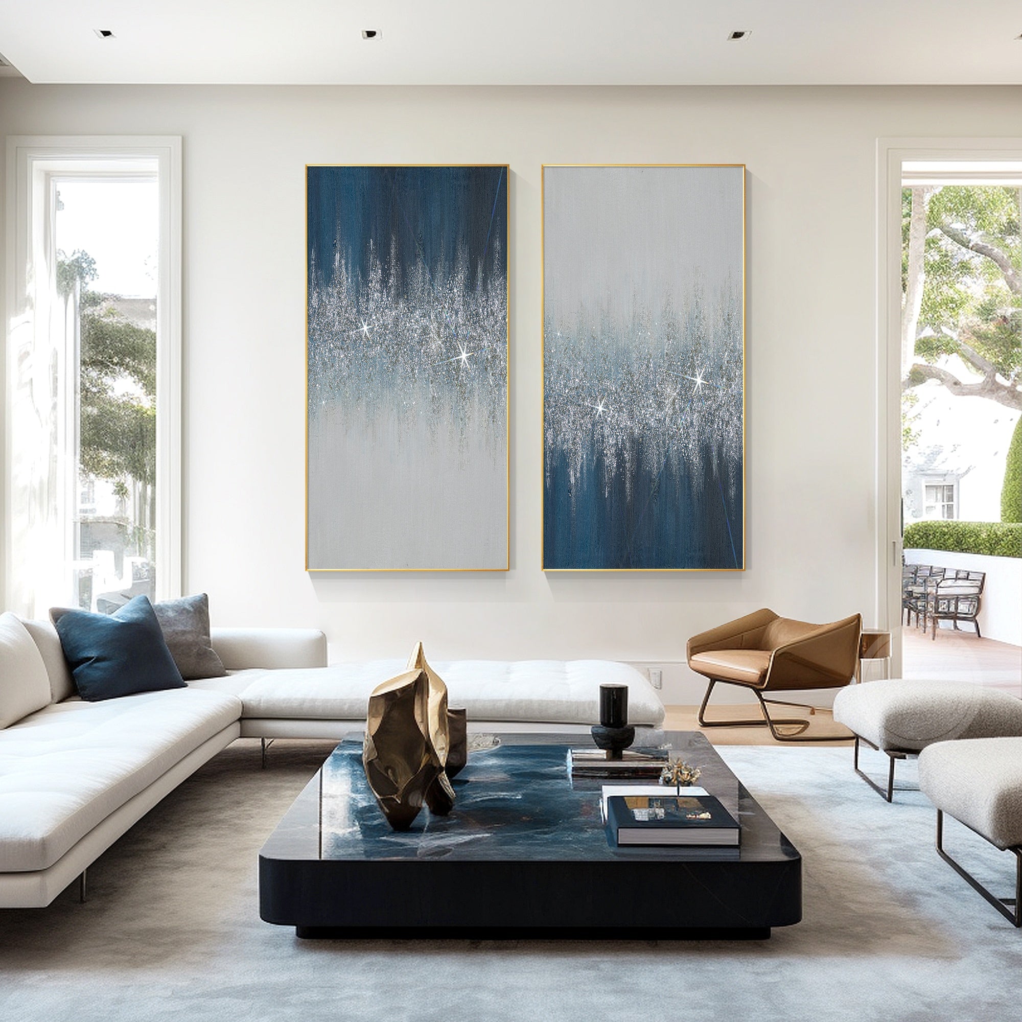 Luxury navy blue wall painting with glitter effects, metallic highlights, and contemporary home decor style