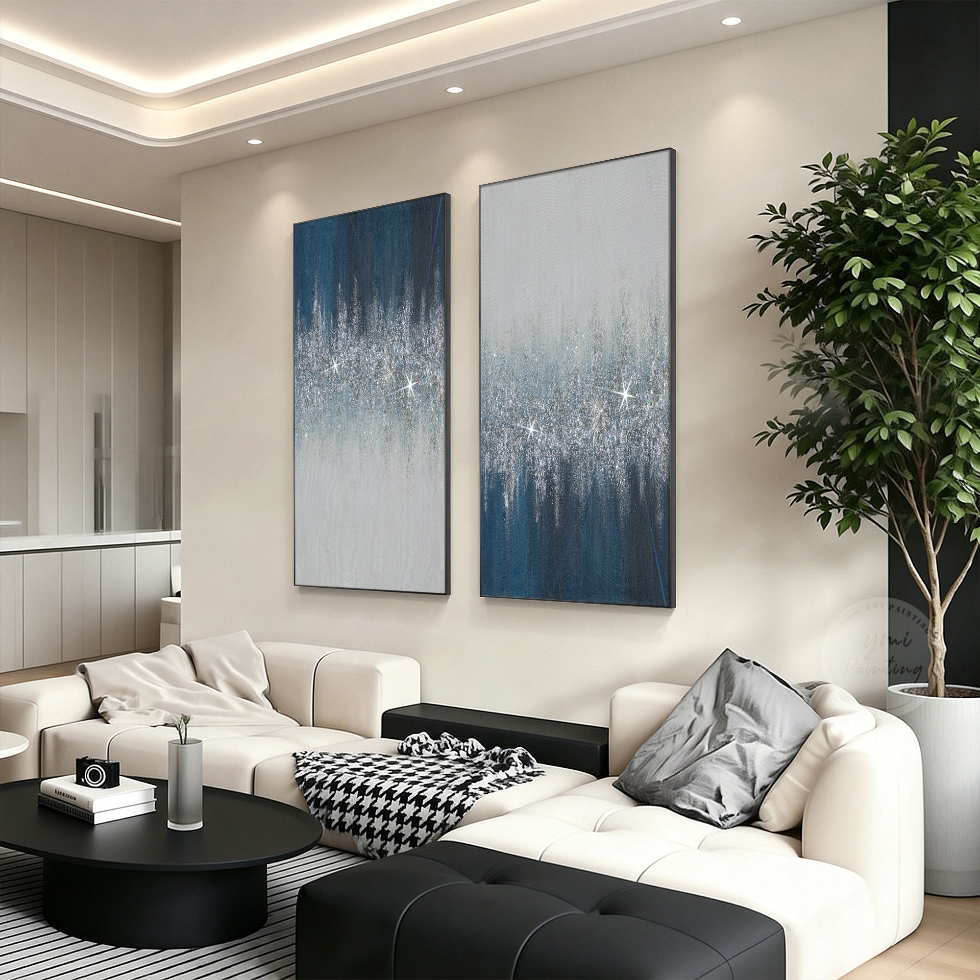 Modern abstract glitter artwork with deep blue tones, silver accents, and a reflective 3D textured surface