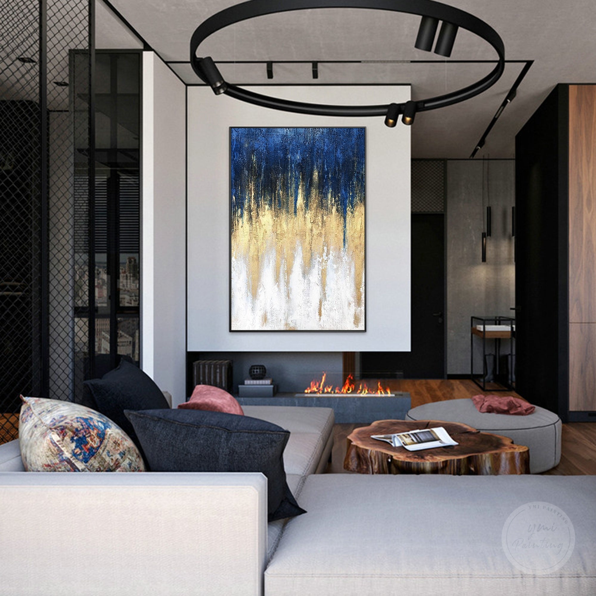 Abstract canvas art with gold leaf accents and elegant metallic details for living room wall decoration