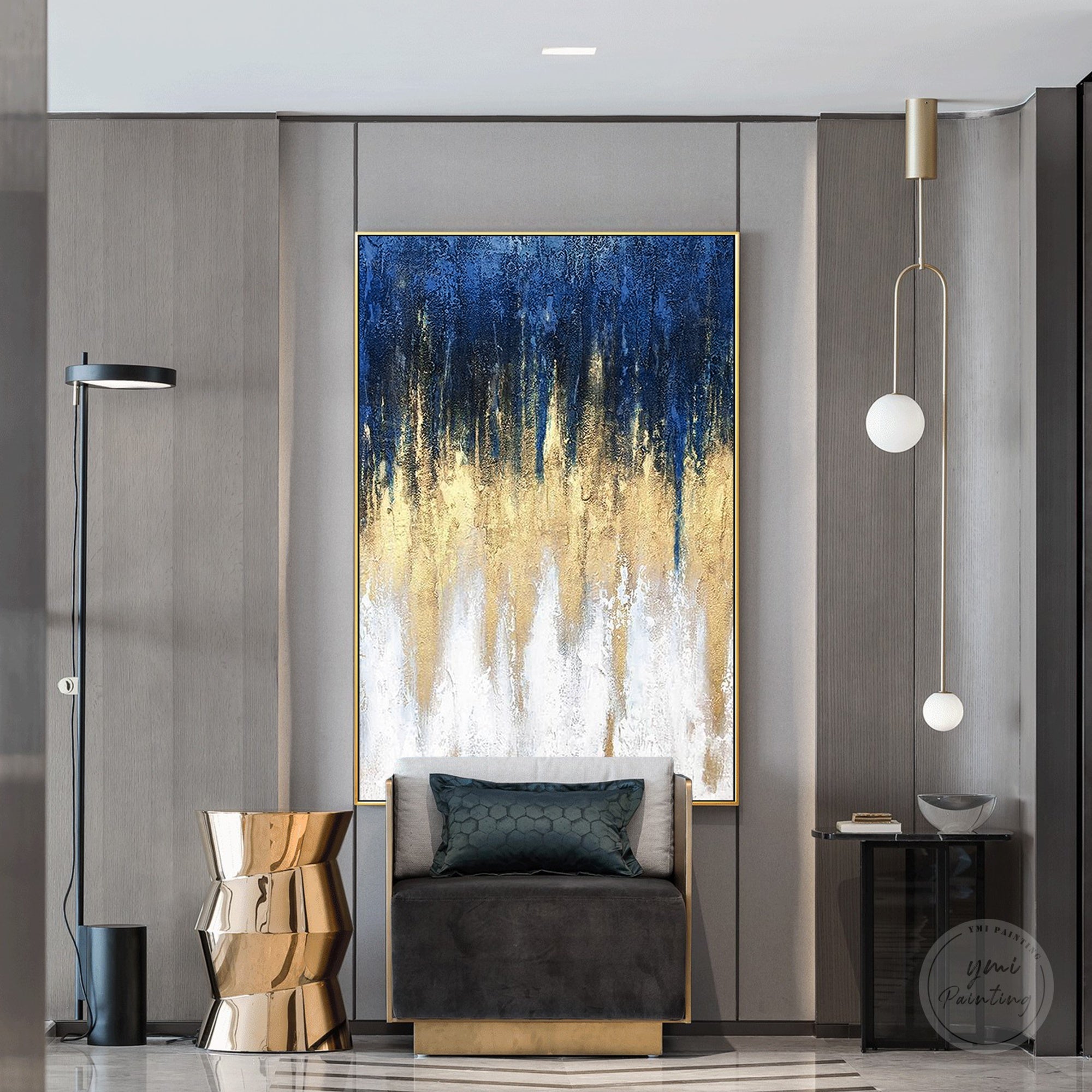 Handmade gold leaf wall art featuring shimmering gold texture and contemporary abstract canvas design