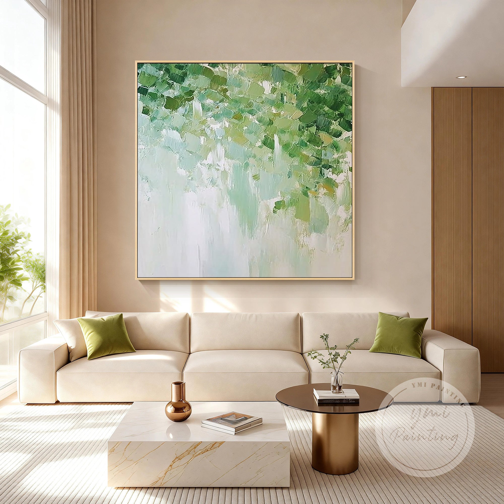 minimalist green abstract wall art decorating living room wall