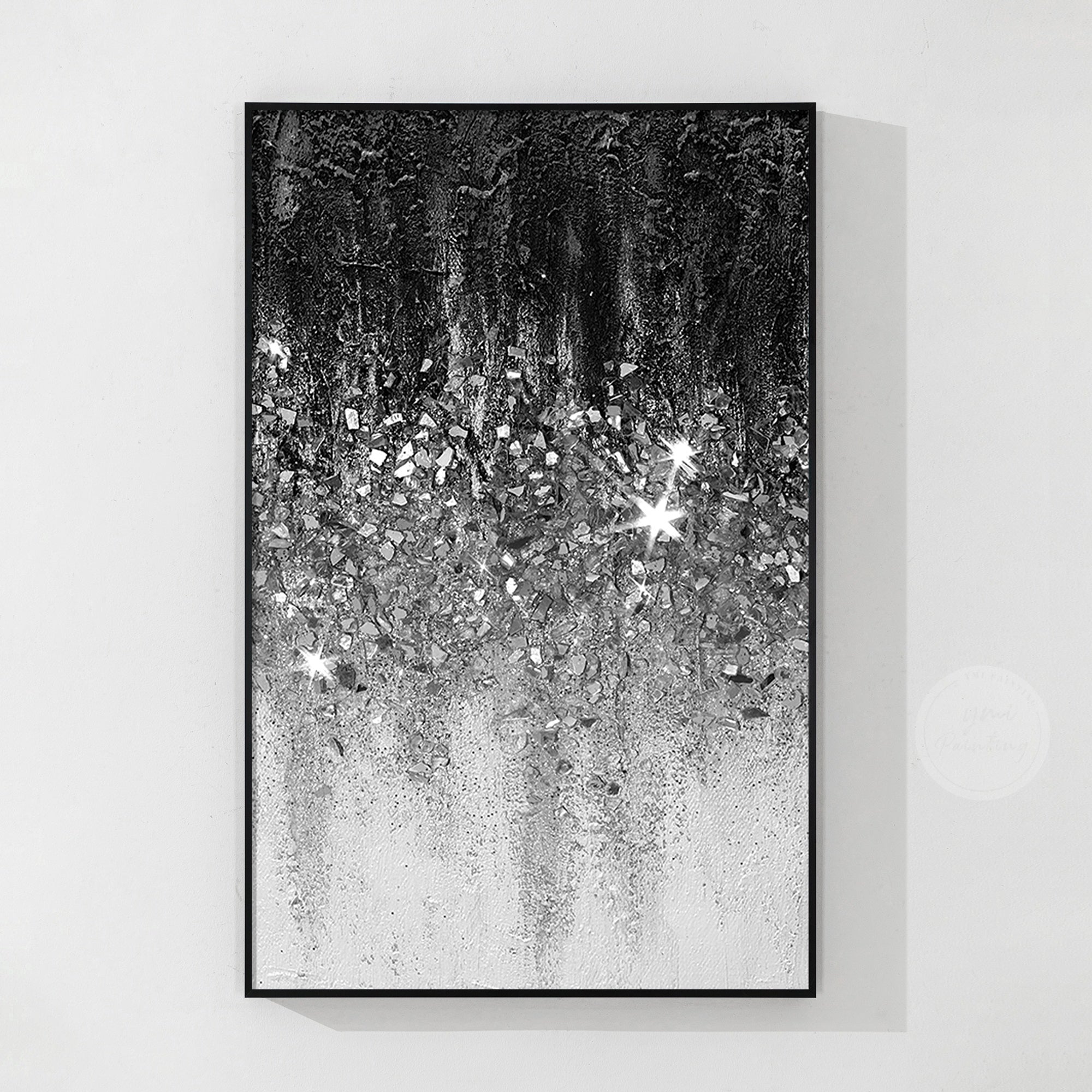 Handmade black and silver glitter wall art with textured finish and luxury home decoration style