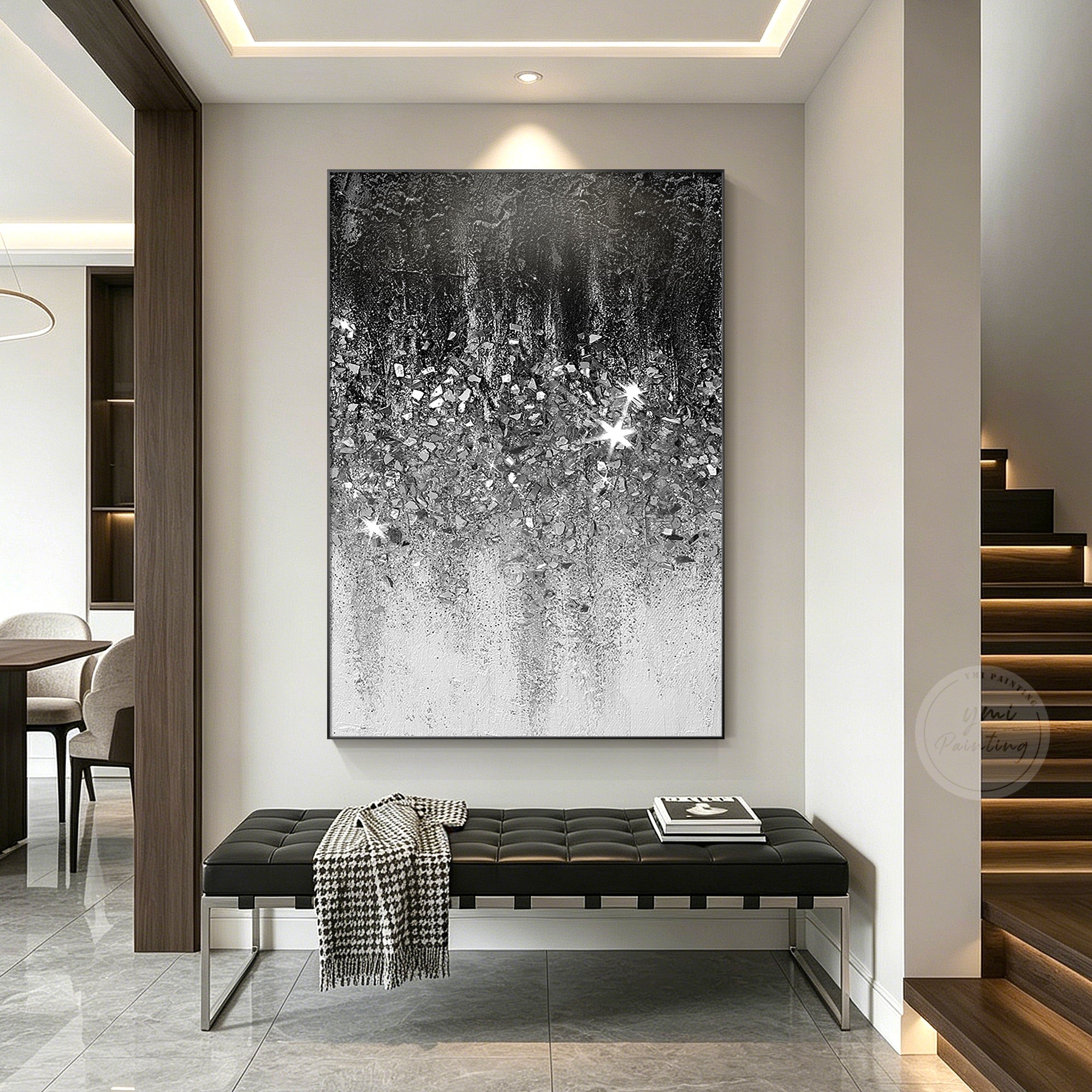 Silver glitter artwork featuring reflective glass details, monochrome colors, and sophisticated abstract composition