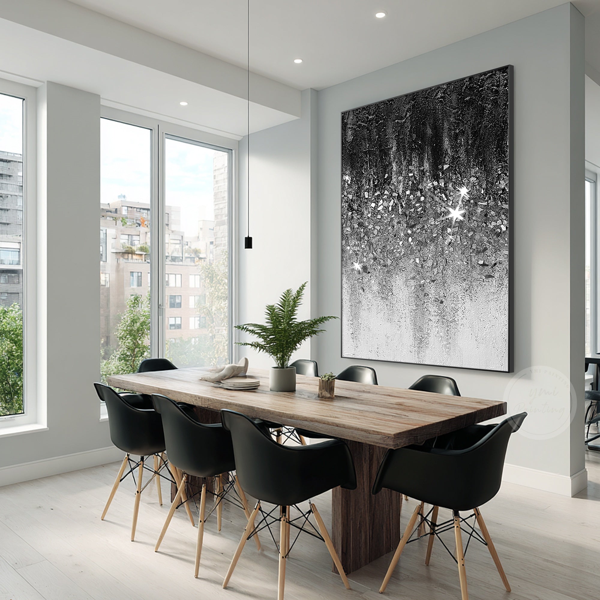 Modern minimalist glitter painting with silver accents, crushed glass texture, and elegant contemporary wall decor