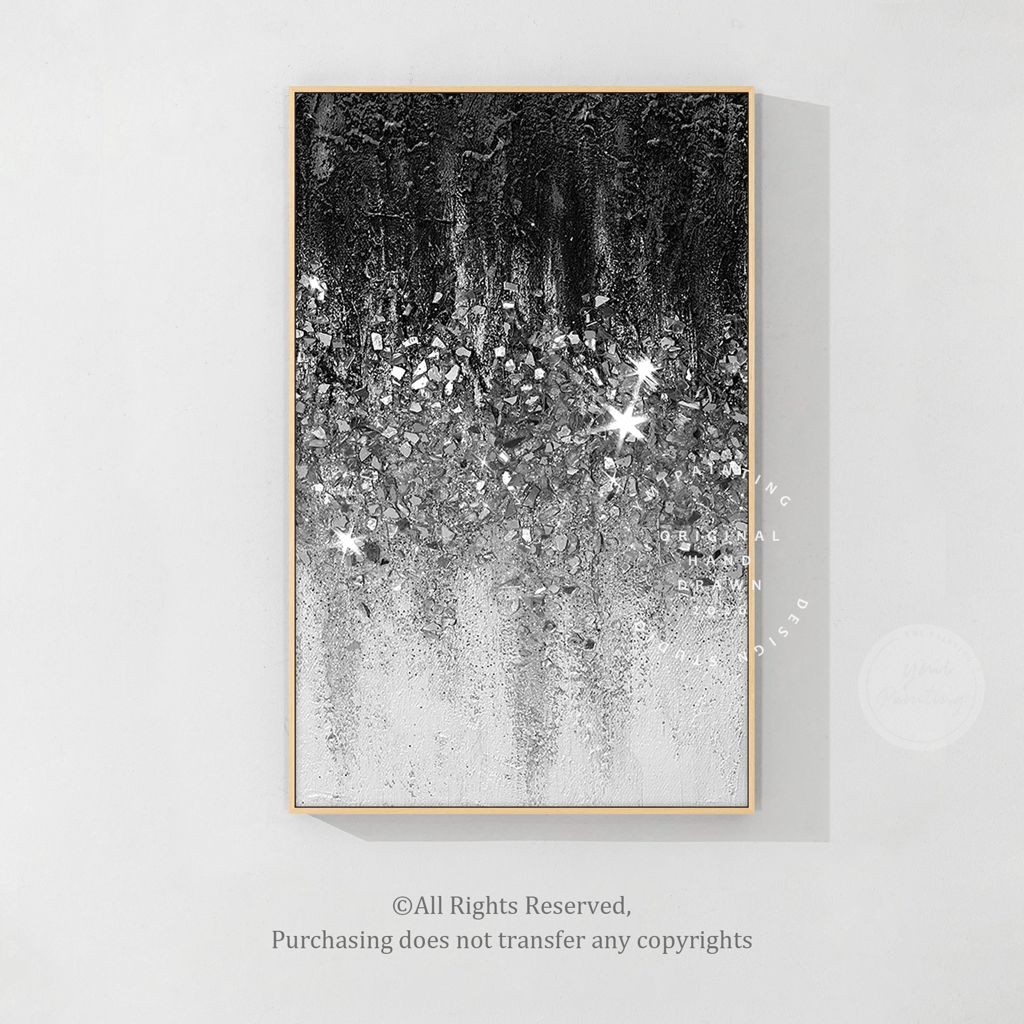 Unique glitter wall art with black white abstract design, crushed glass texture, and modern luxury aesthetic