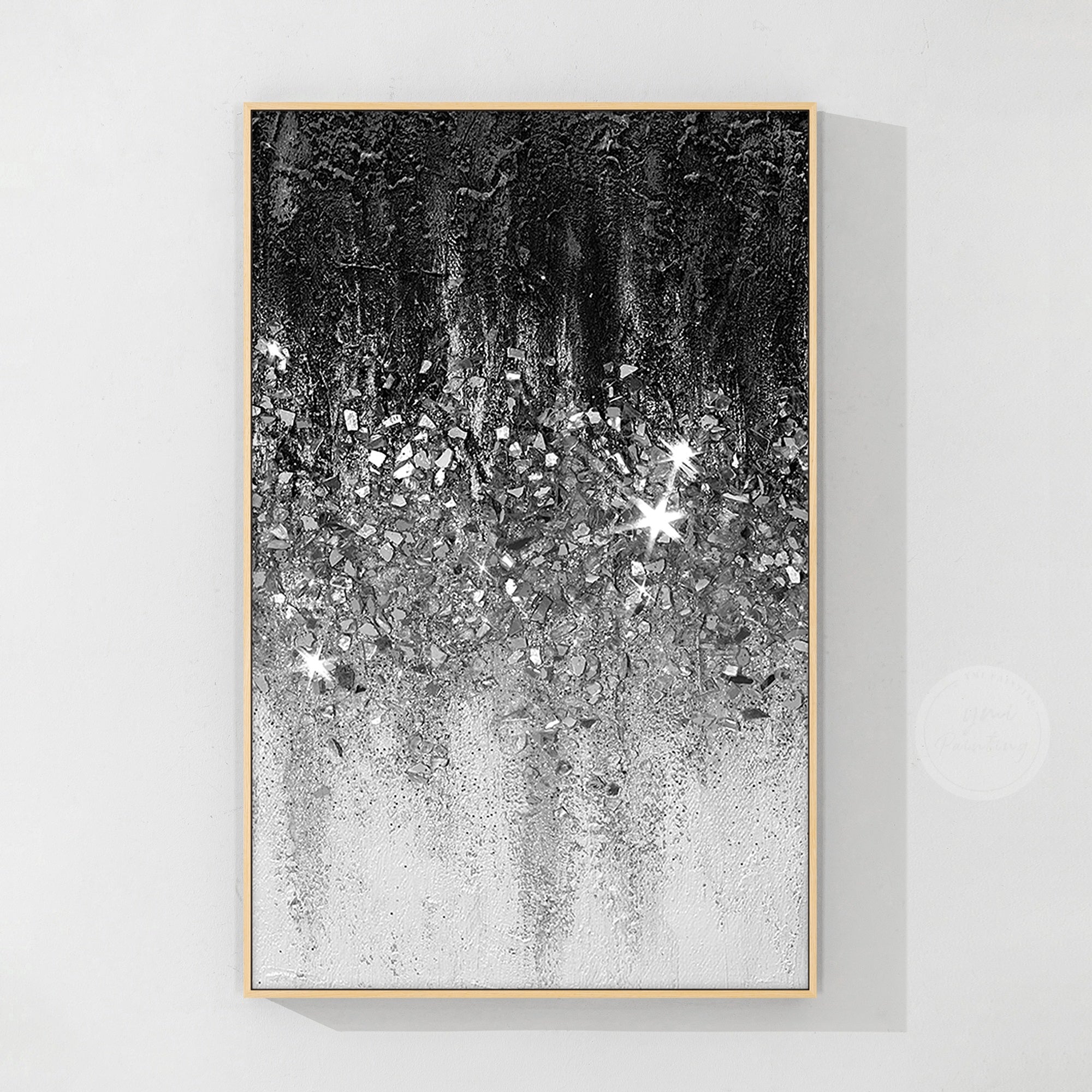 Unique glitter wall art with black white abstract design, crushed glass texture, and modern luxury aesthetic