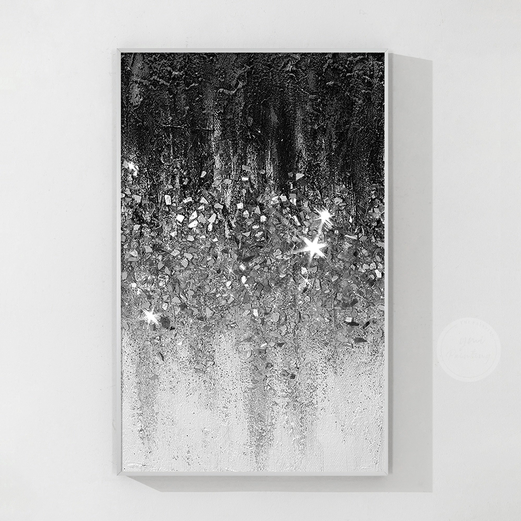 Unique glitter wall art with black white abstract design, crushed glass texture, and modern luxury aesthetic