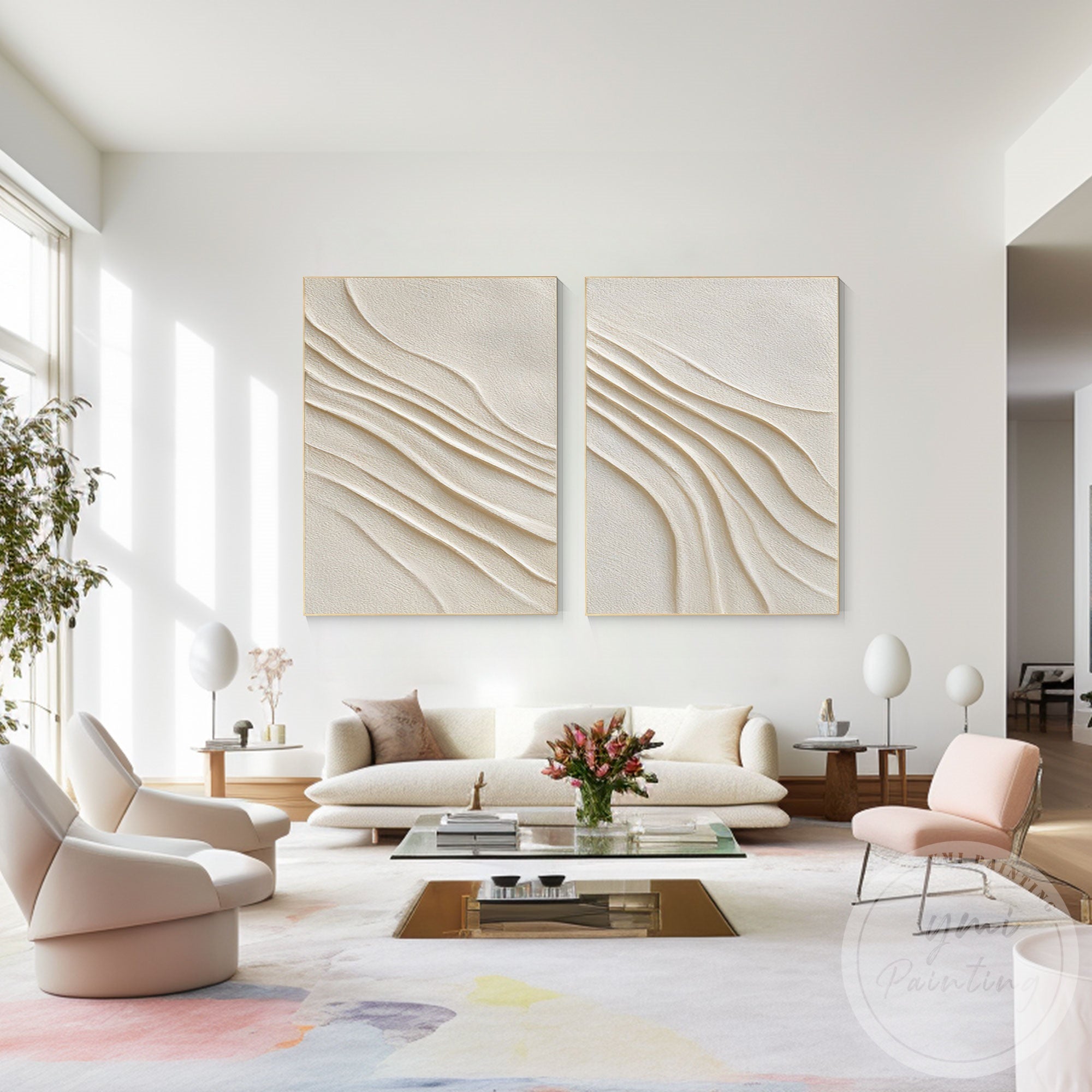 Organic shape wall art with beige plaster texture canvas