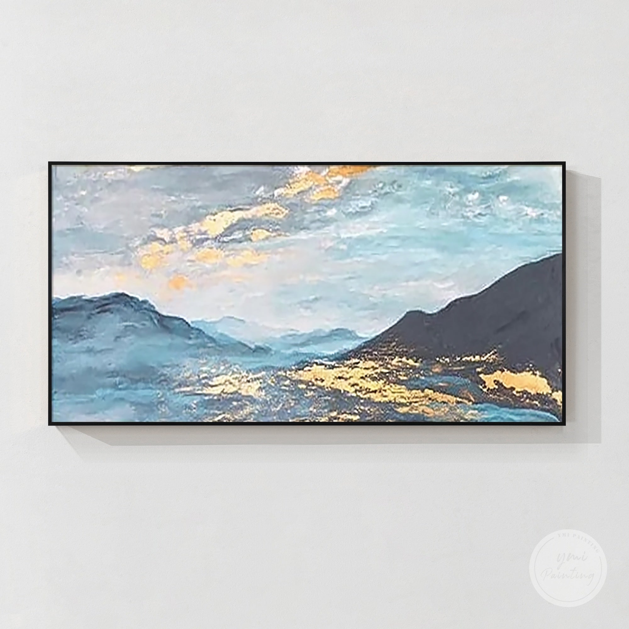 abstract mountain landscape wall art blue and gold