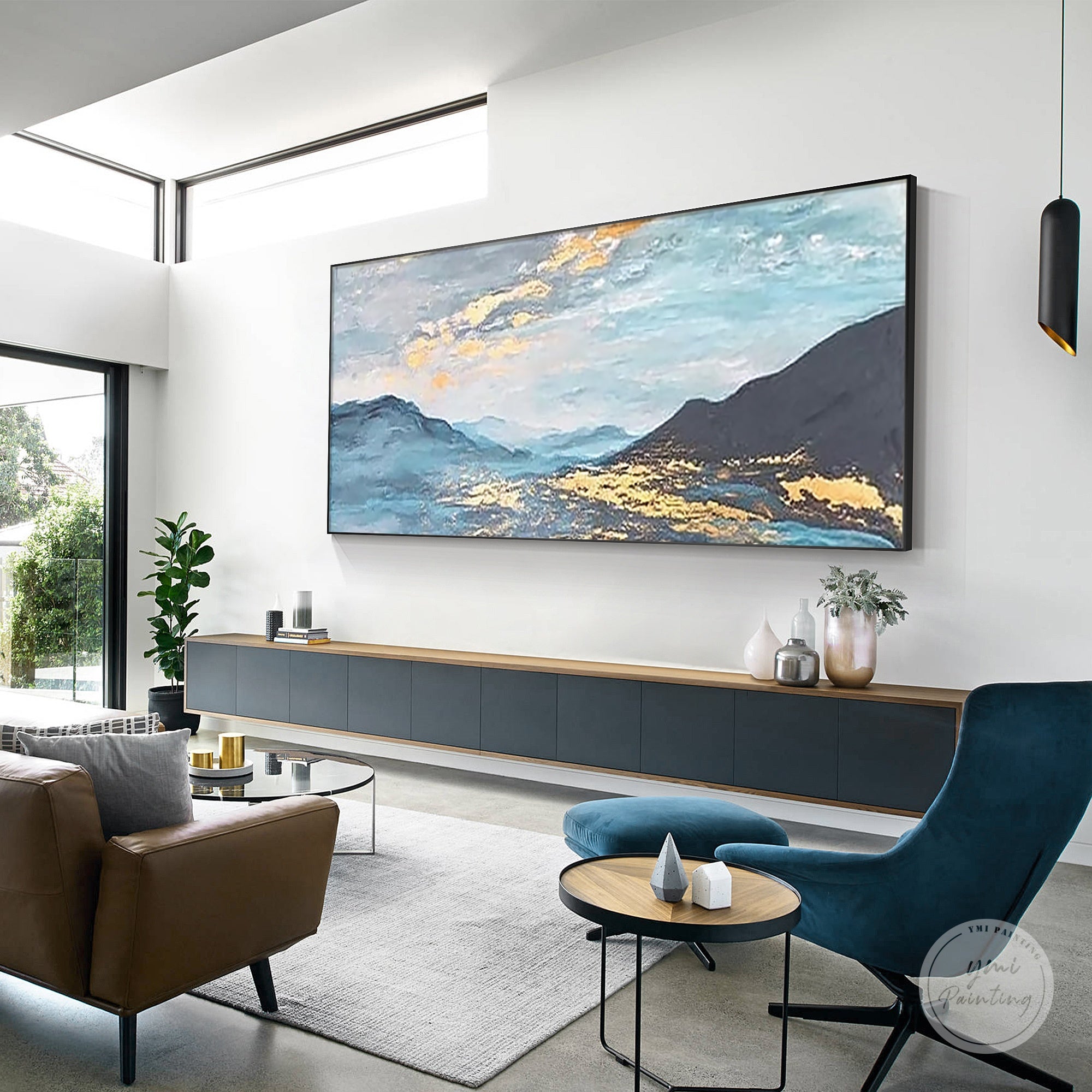 blue gradient mountain painting abstract decor