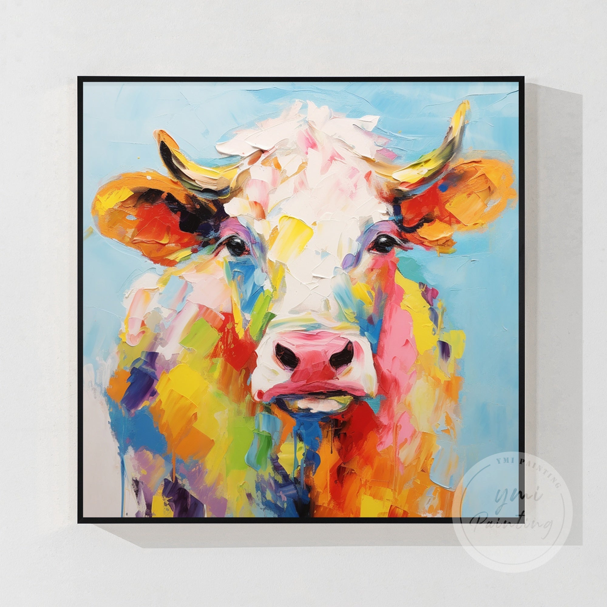 Pop-art style cow portrait with bold brushstrokes in a black frame