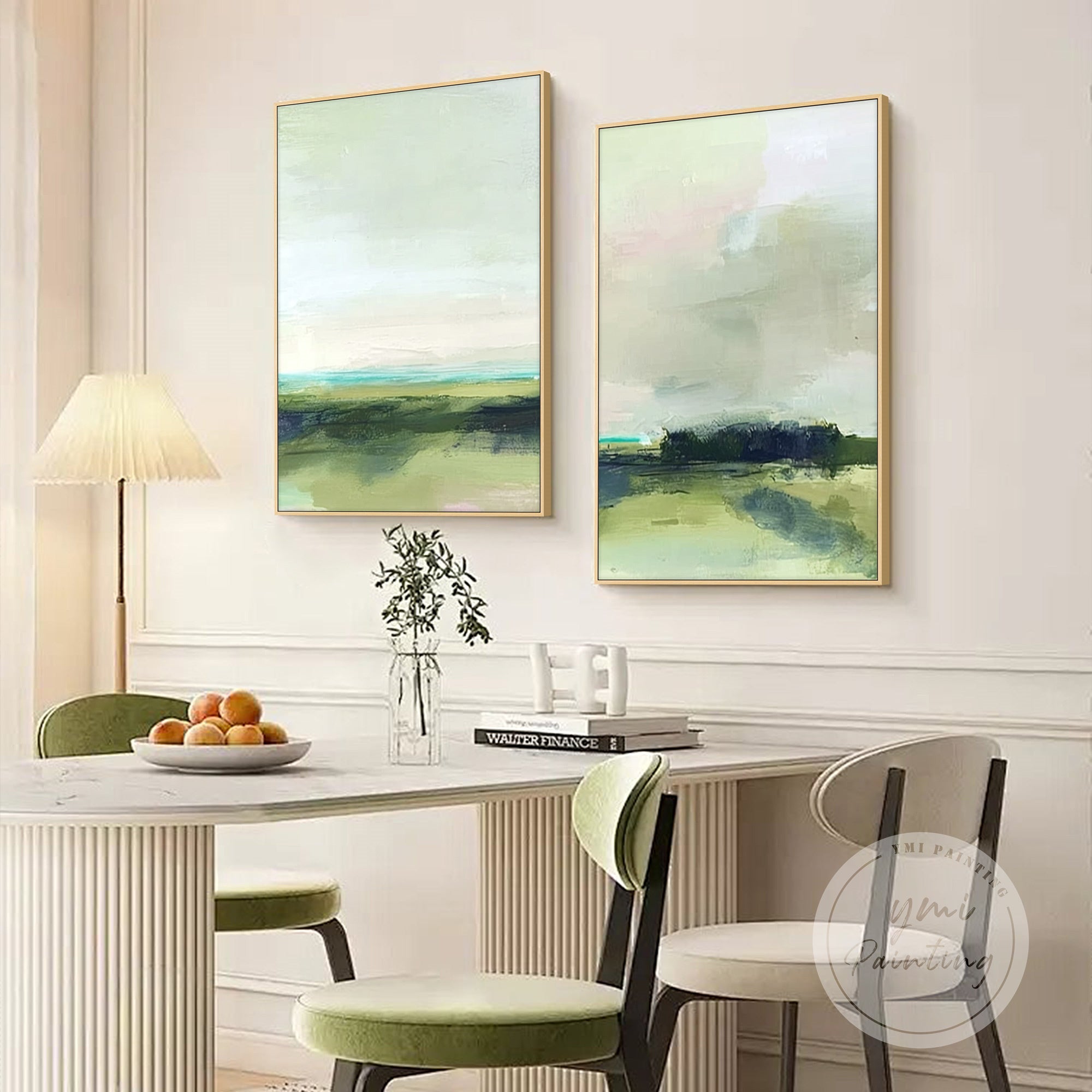 modern sage green canvas wall art set on white wall decor