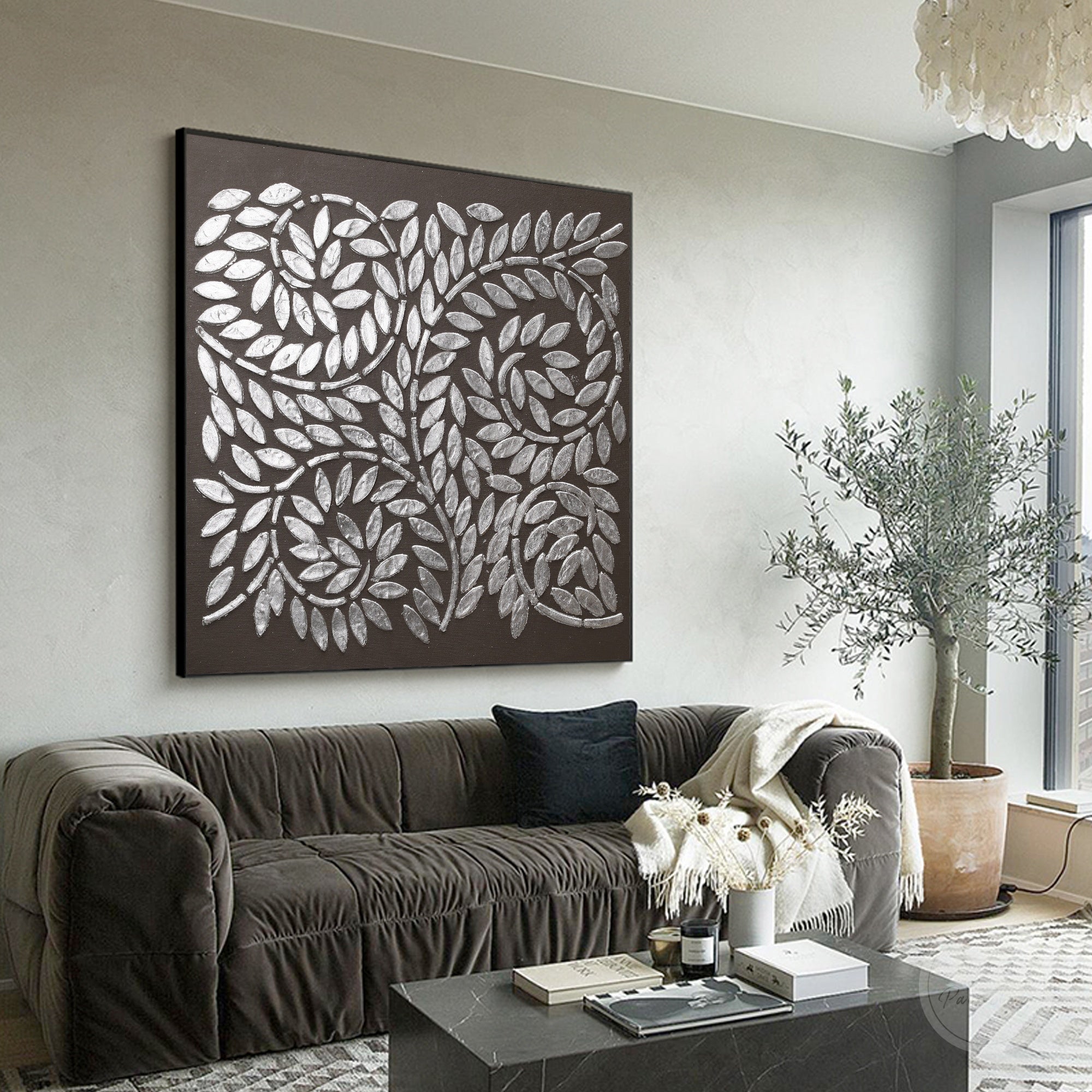 Luxury tree of life wall art with silver leaves, textured branches, and elegant modern home decor style