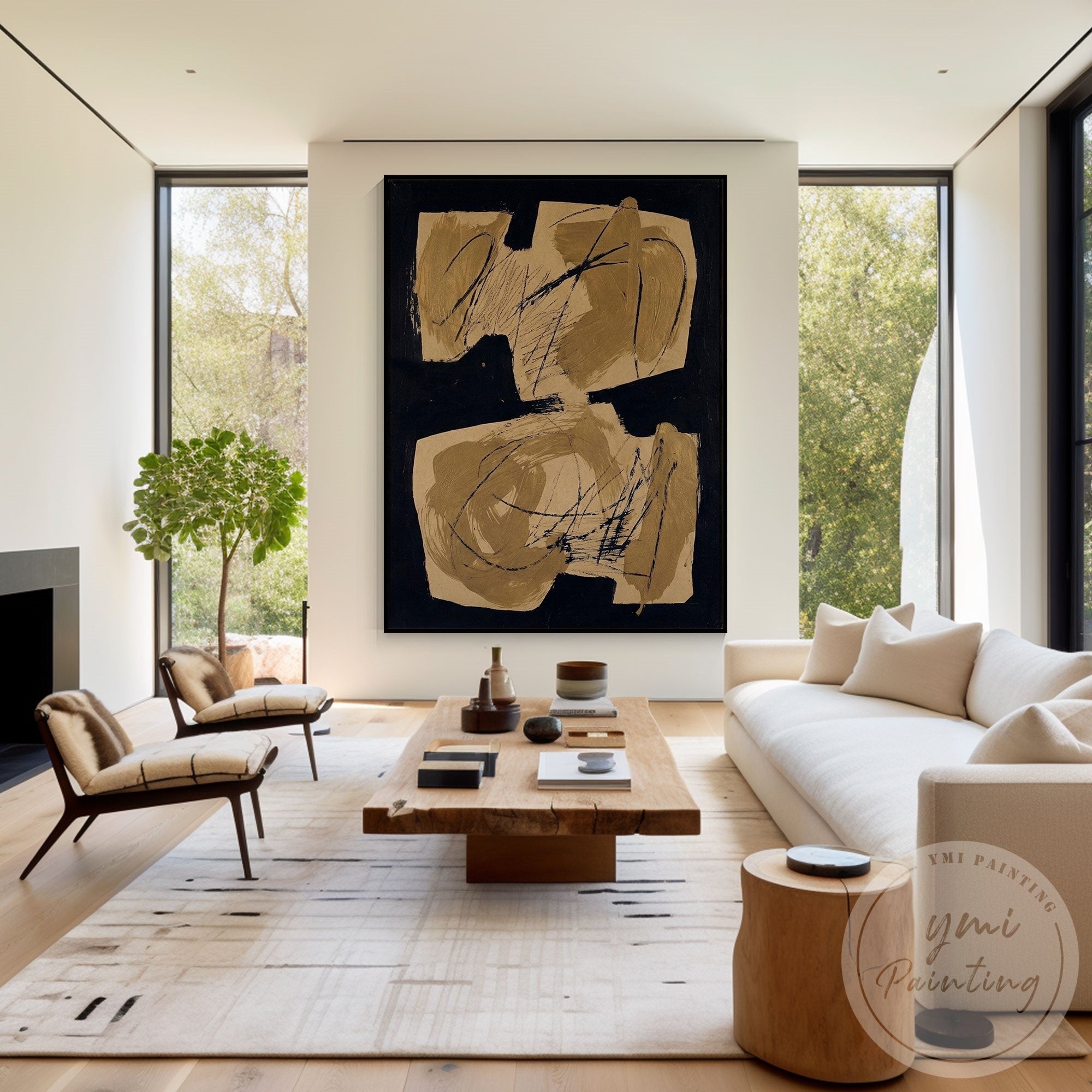 Beige black abstract artwork modern interior canvas design