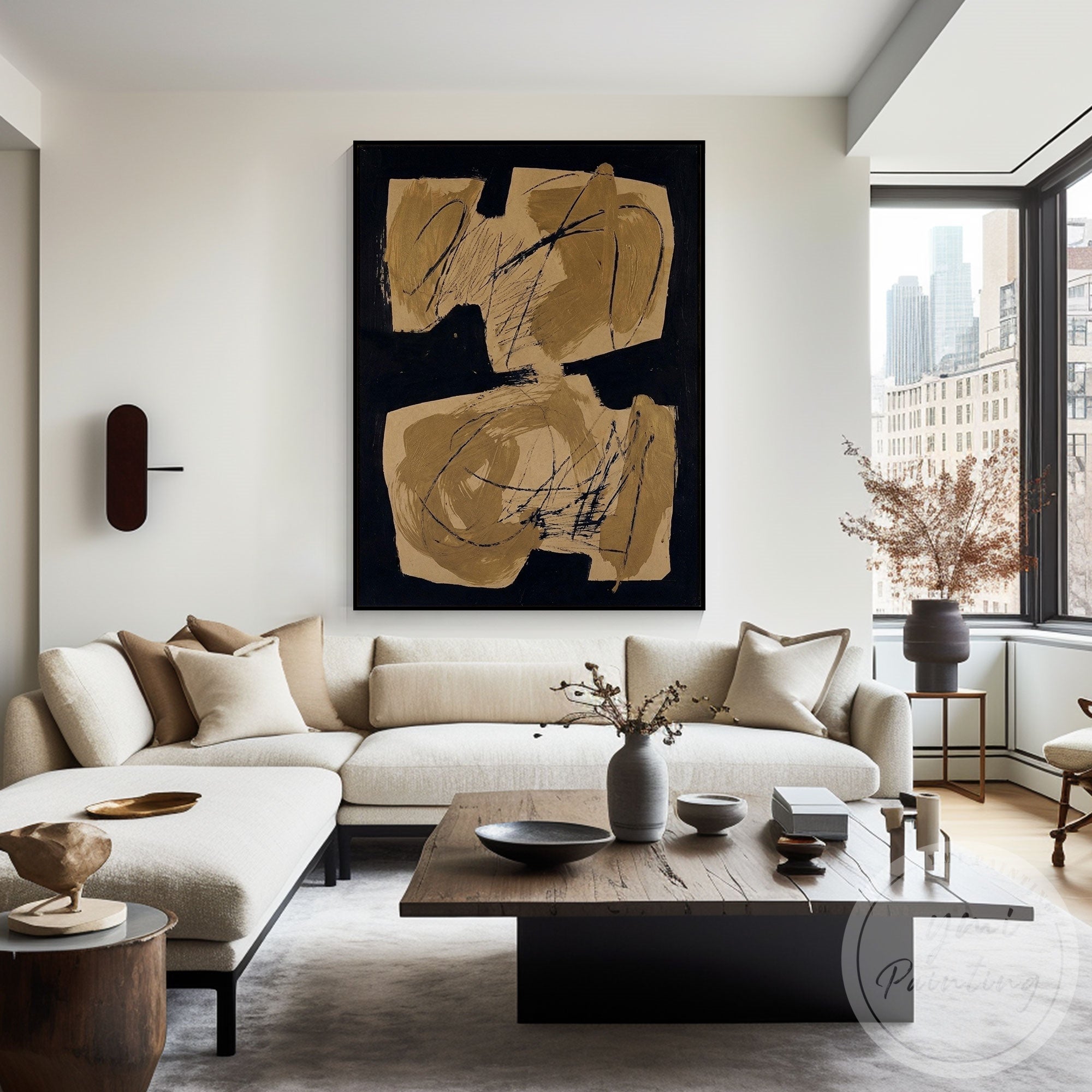 Minimalist abstract painting with beige and black tones