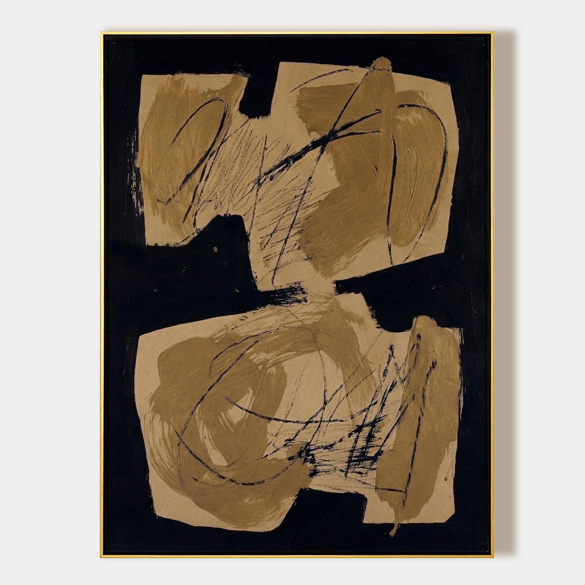 Modern textured abstract beige black geometric canvas wall art