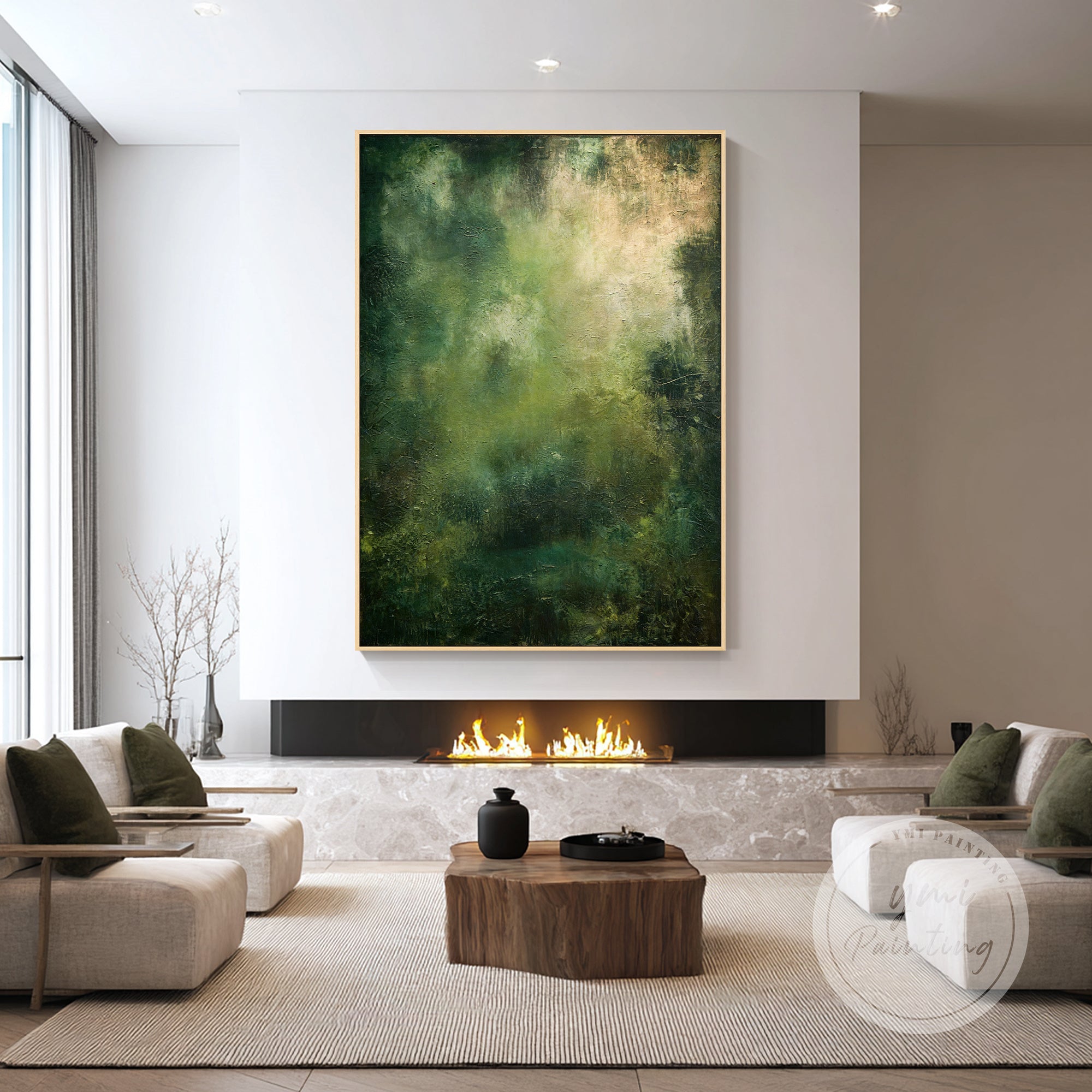 moody green abstract wall art decorating contemporary living room