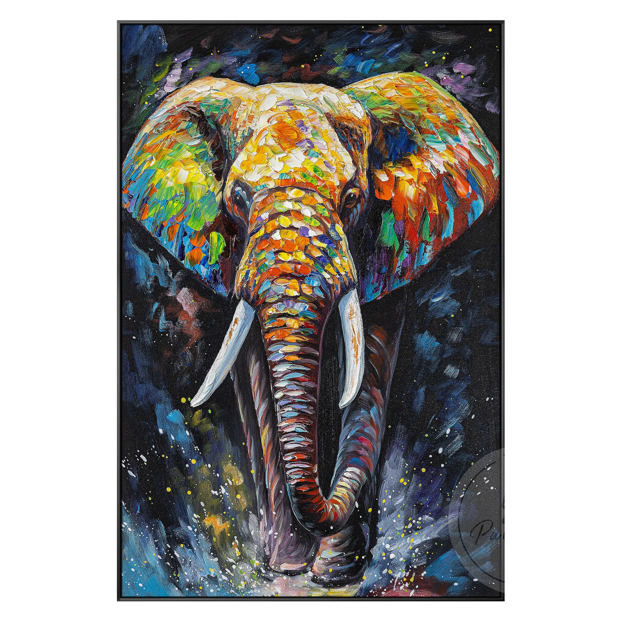 Hand-painted elephant artwork, serene and strong, with glowing colors and deep blue tones that create a tranquil mood.