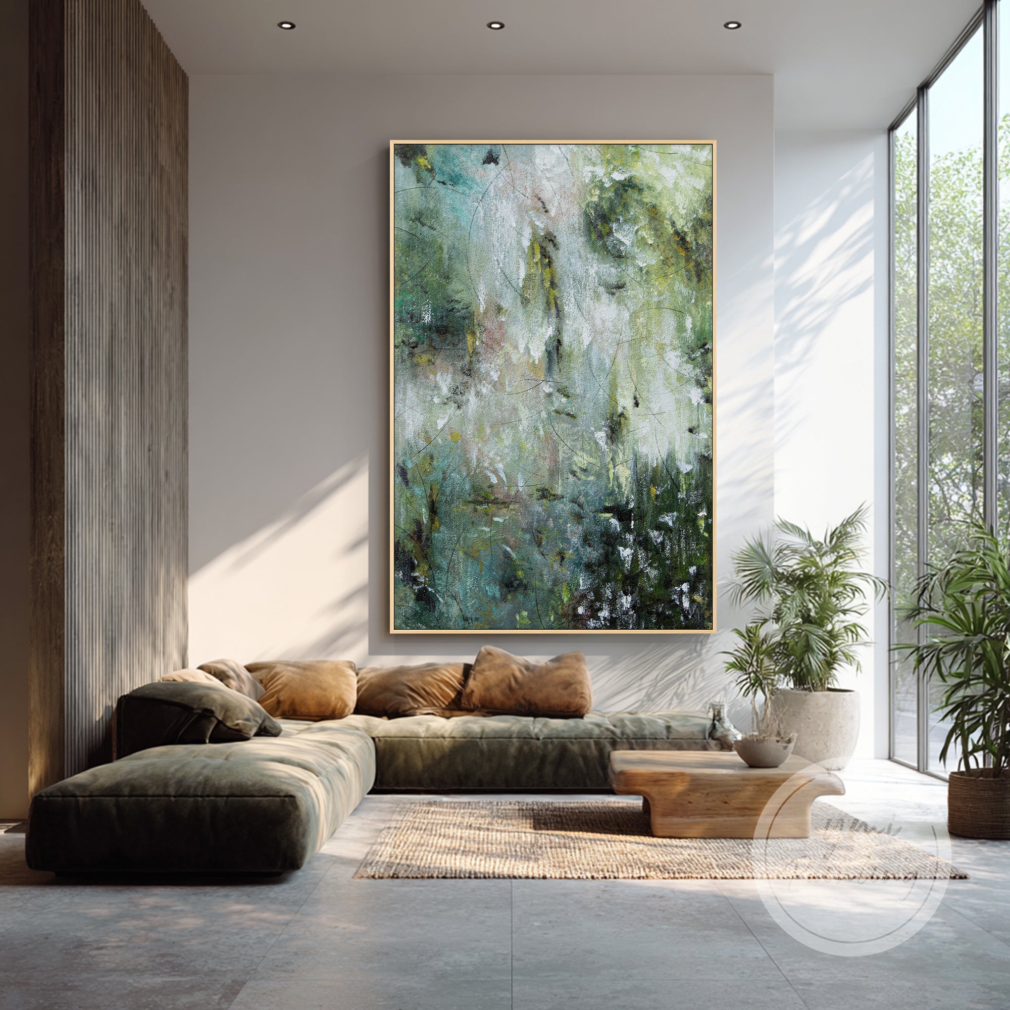 nature inspired green abstract wall art decorating contemporary living room