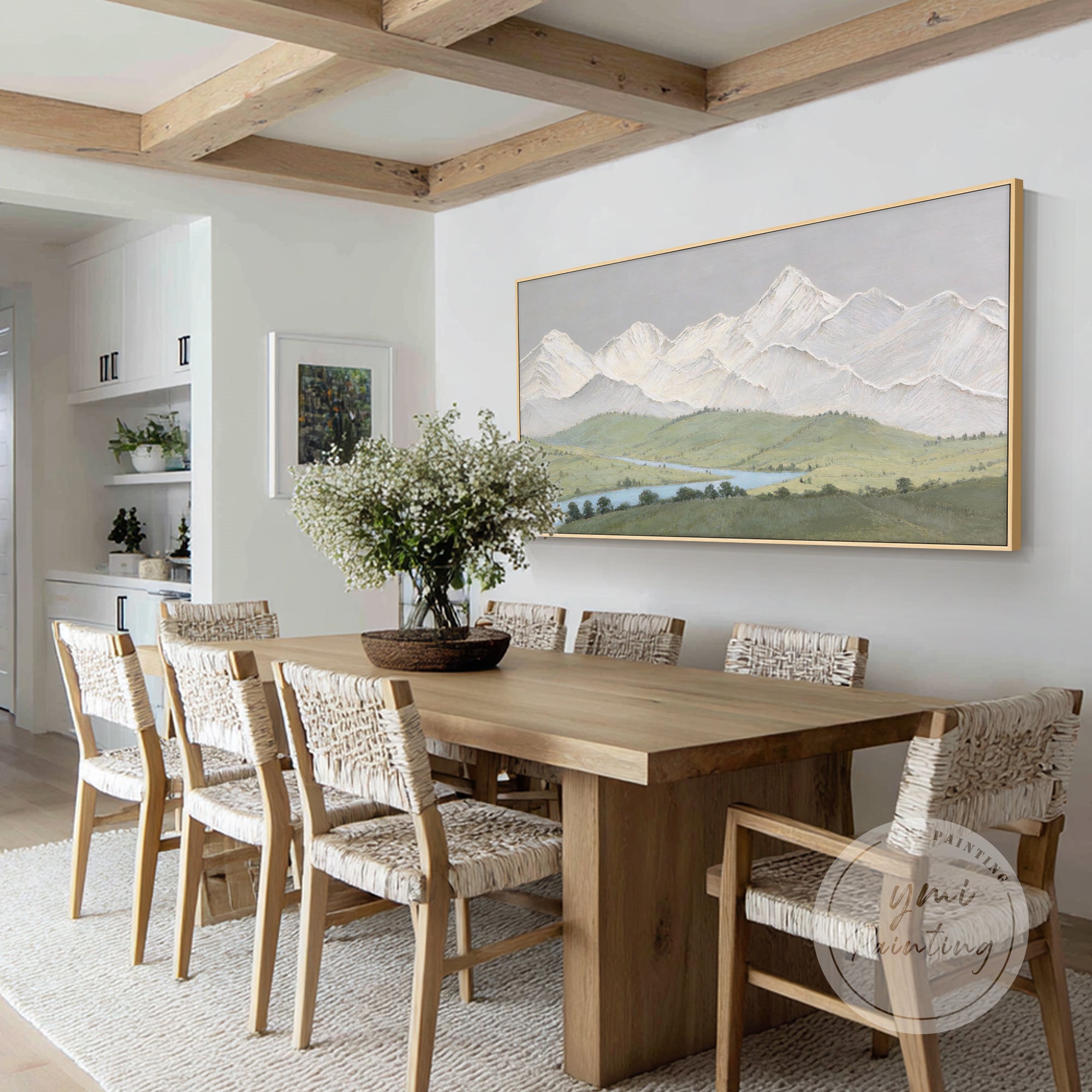 calming mountain and river painting in modern bedroom interior