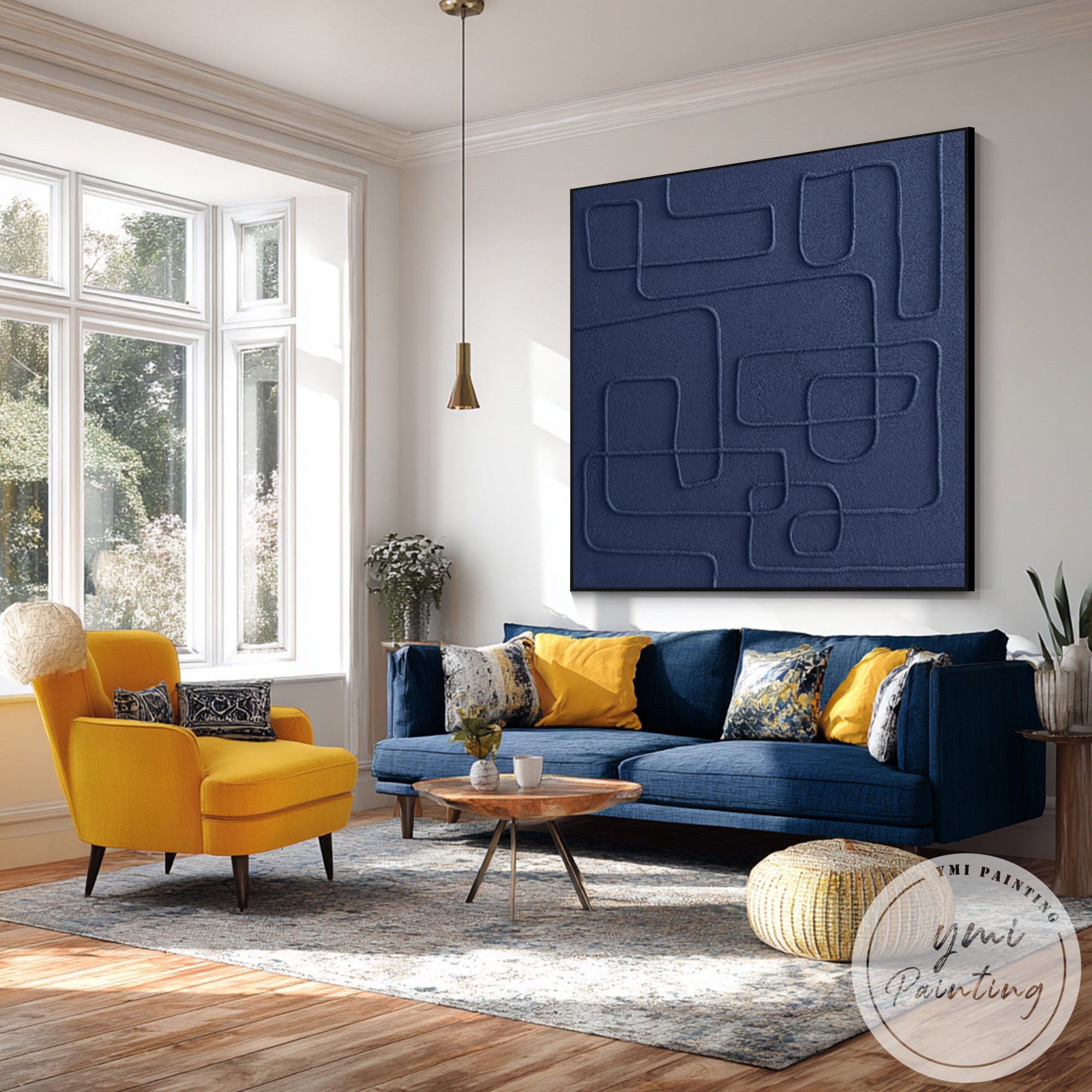 Minimalist navy blue textured abstract painting on modern canvas