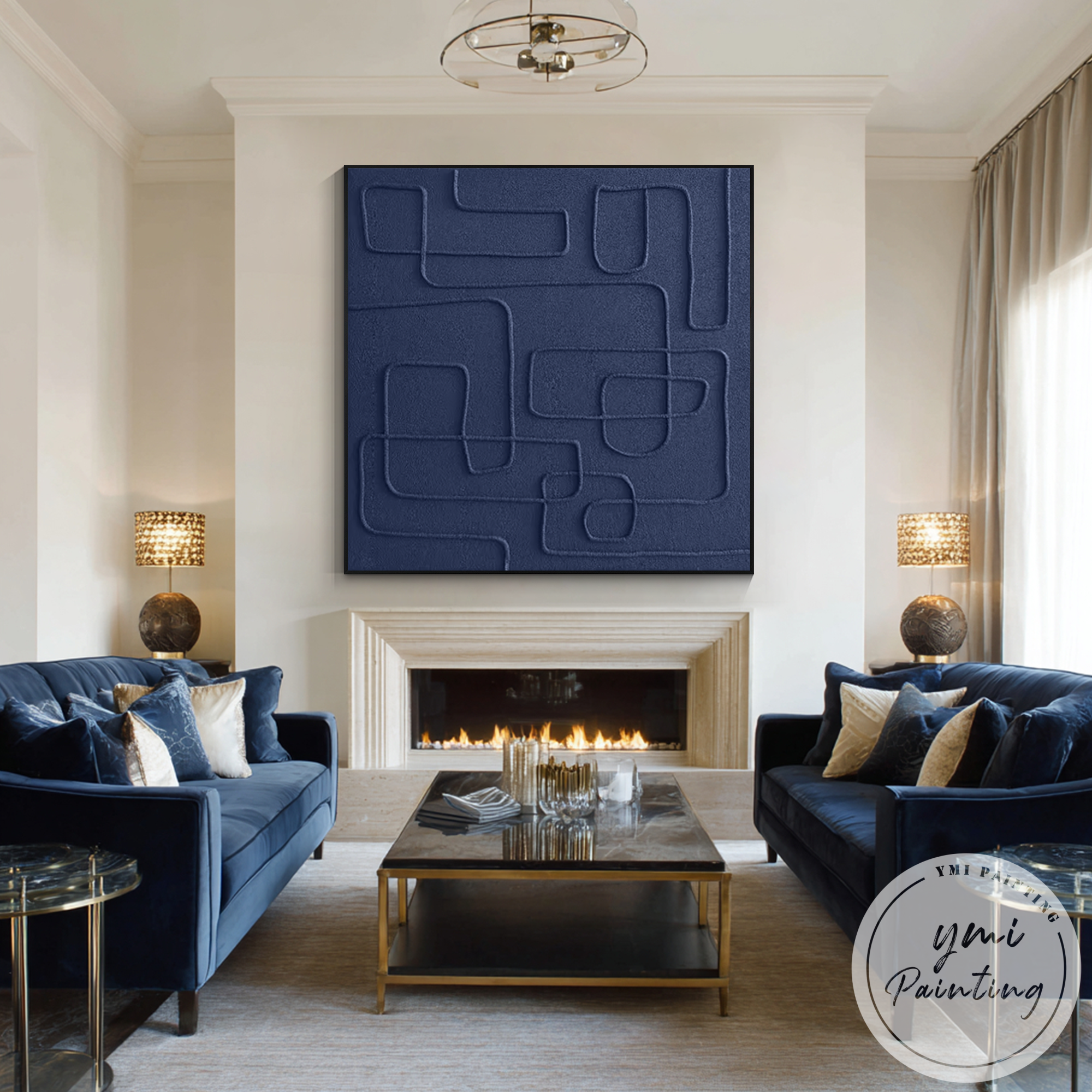 Extra large square wall art in deep navy blue contemporary style
