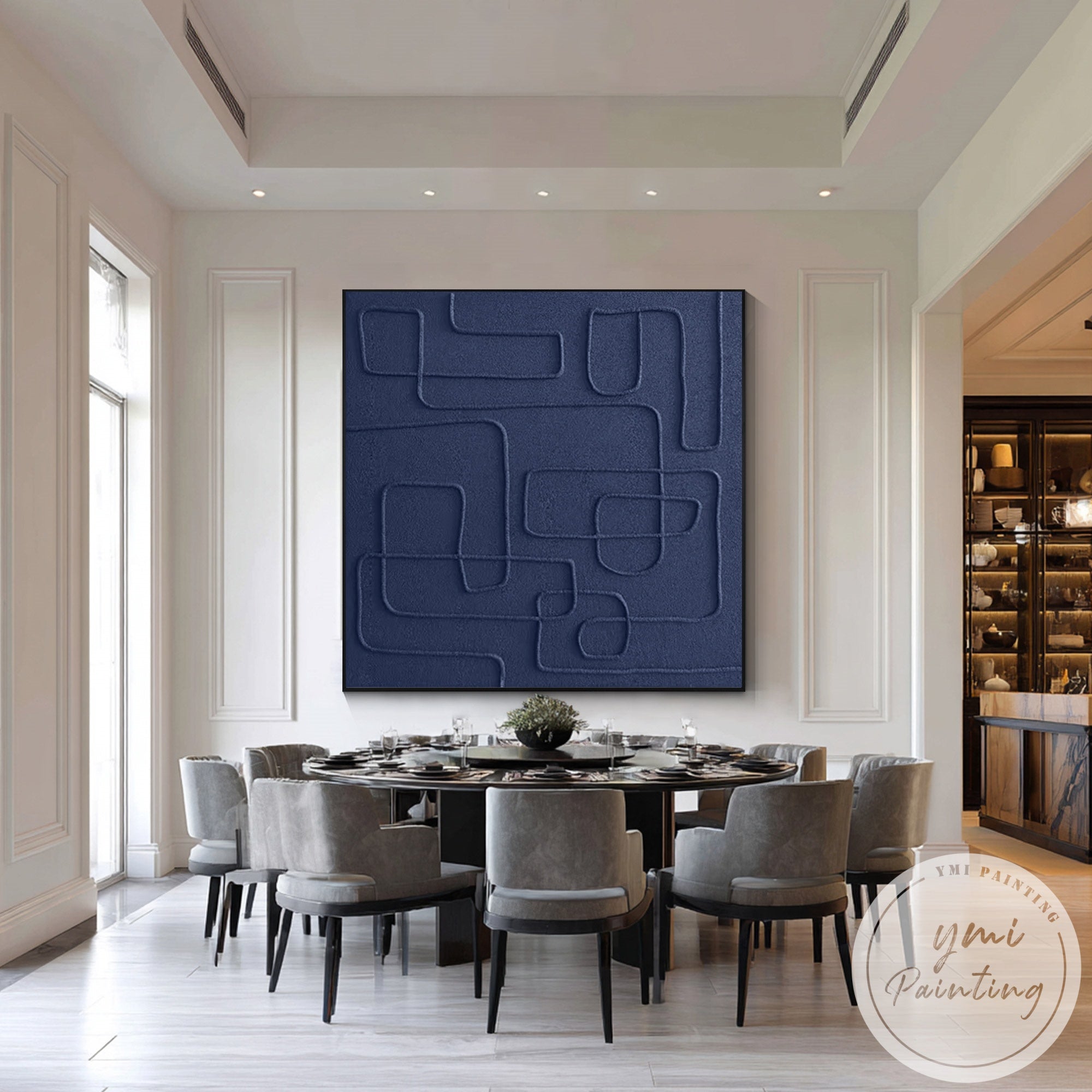 Handcrafted abstract canvas art with rich navy blue texture design