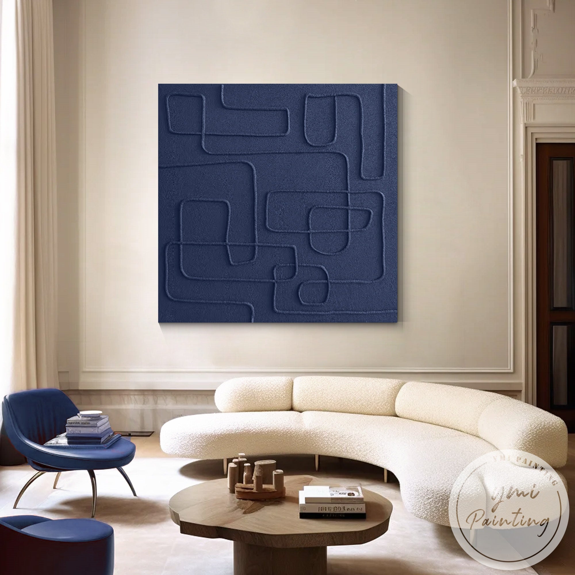 Large square modern wall decor in navy blue minimalist aesthetic