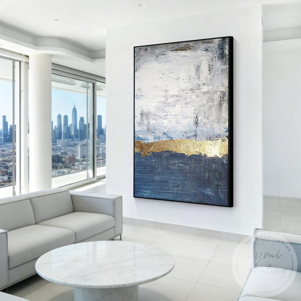 Navy blue and gold ocean wall art on textured canvas