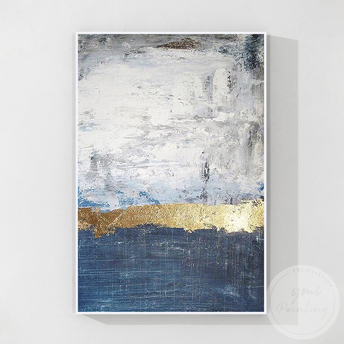 Textured navy blue canvas painting with gold details