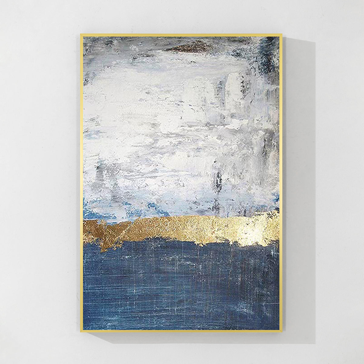 Navy blue abstract landscape painting with gold accents