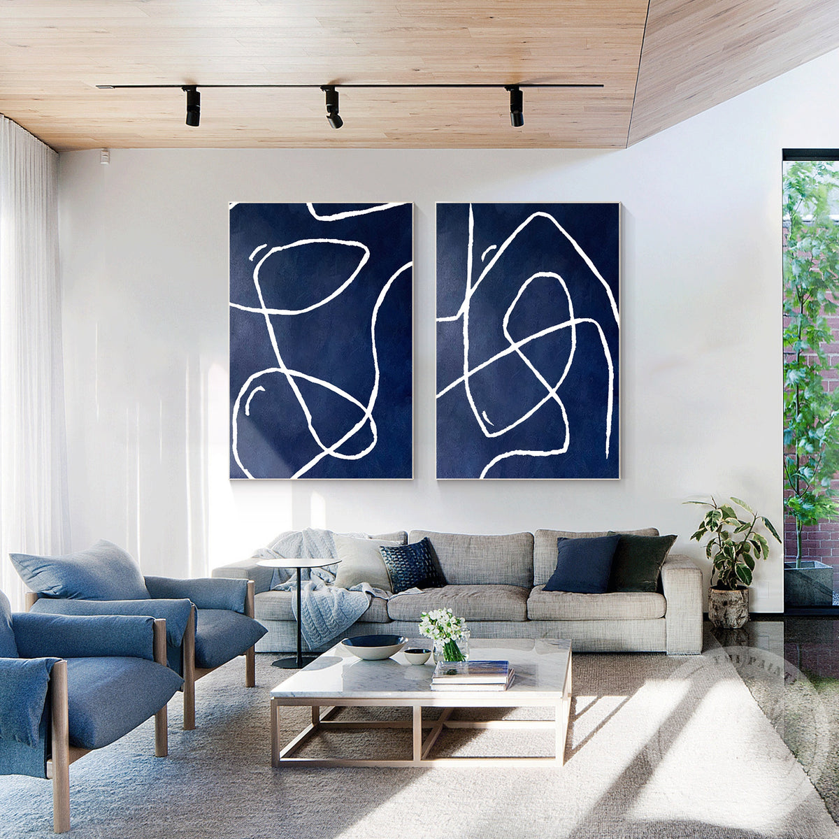 Navy blue two-panel canvas painting for contemporary interiors