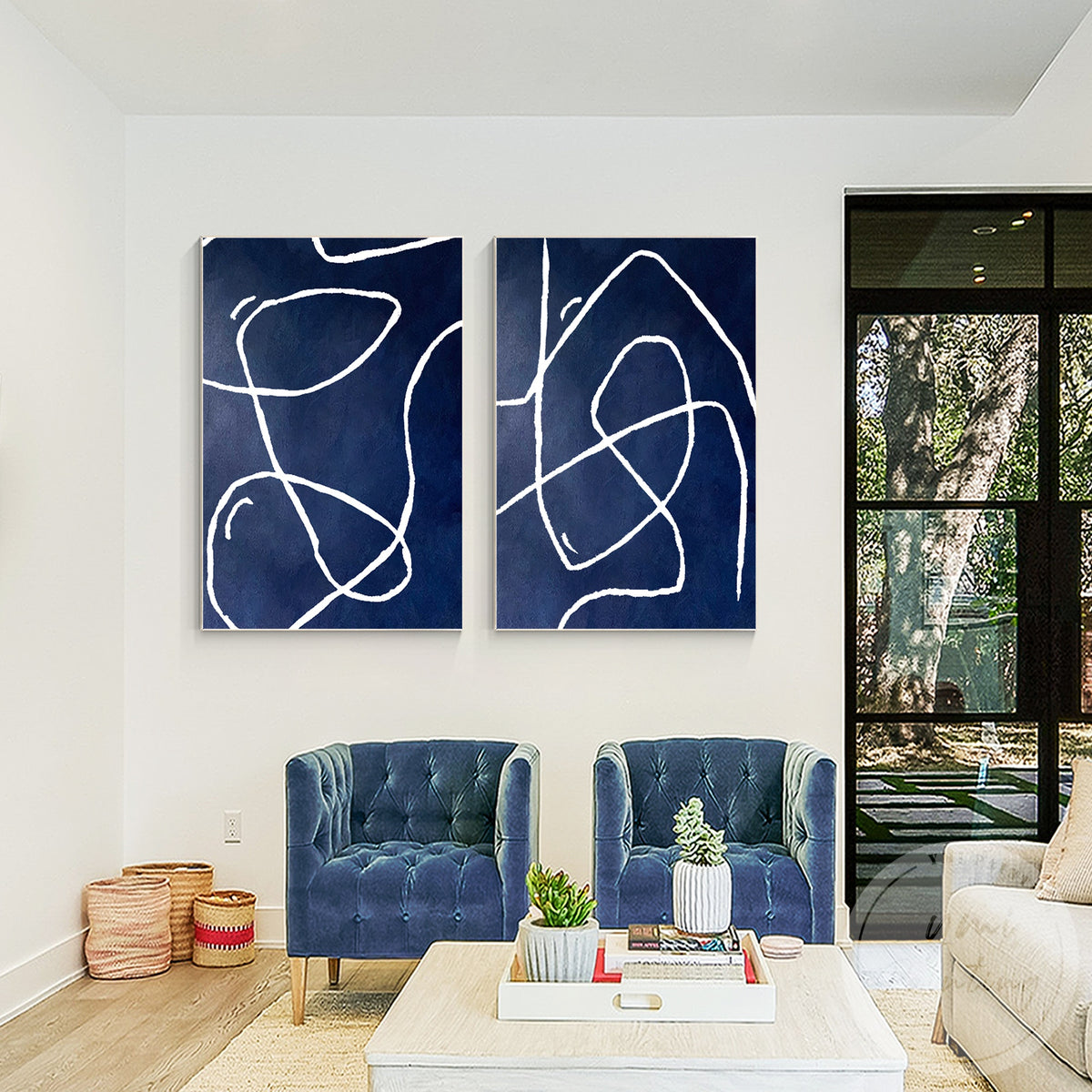 Modern abstract diptych wall art in navy blue and neutral tones