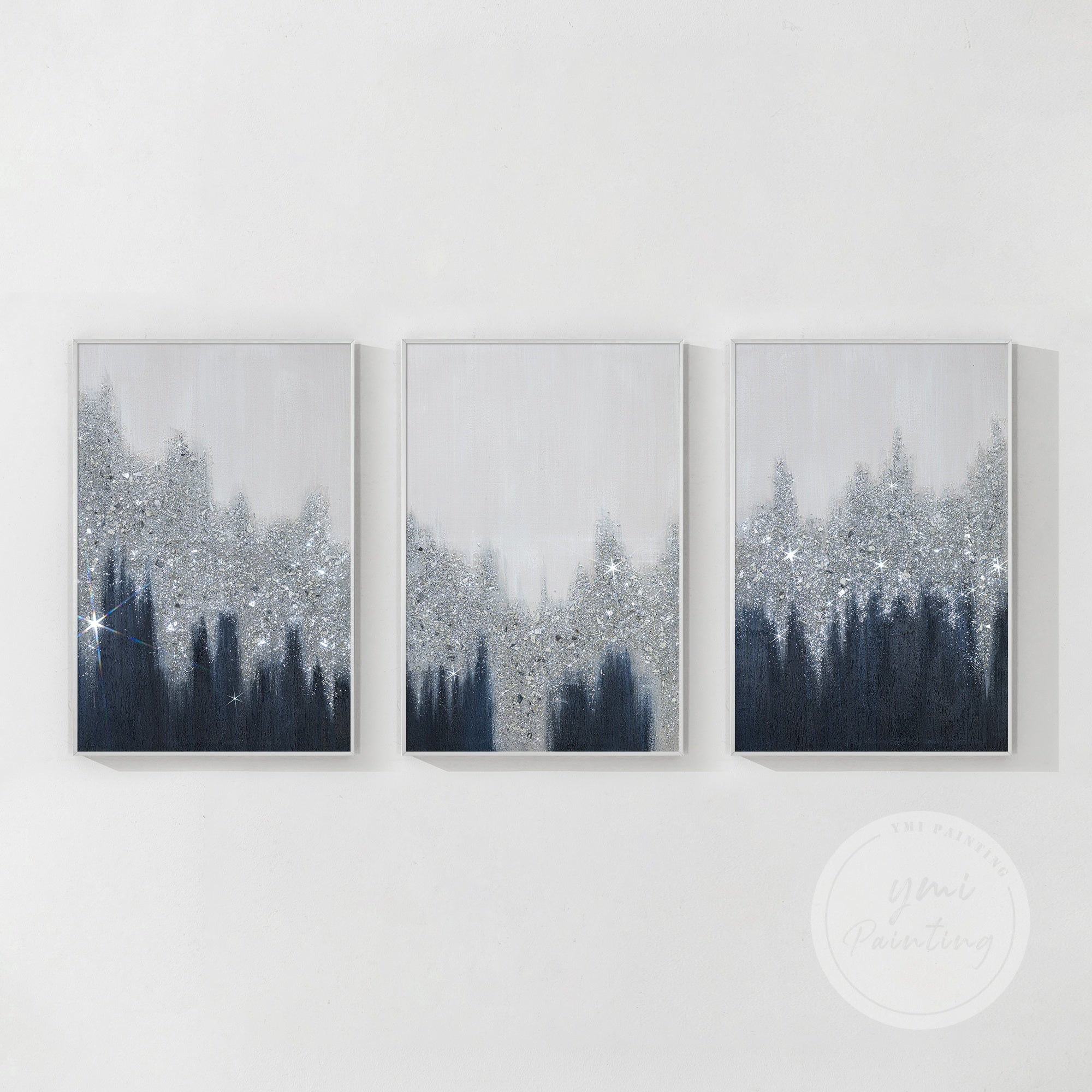 Navy blue, gray, and silver hand-painted wall art set in silver frame