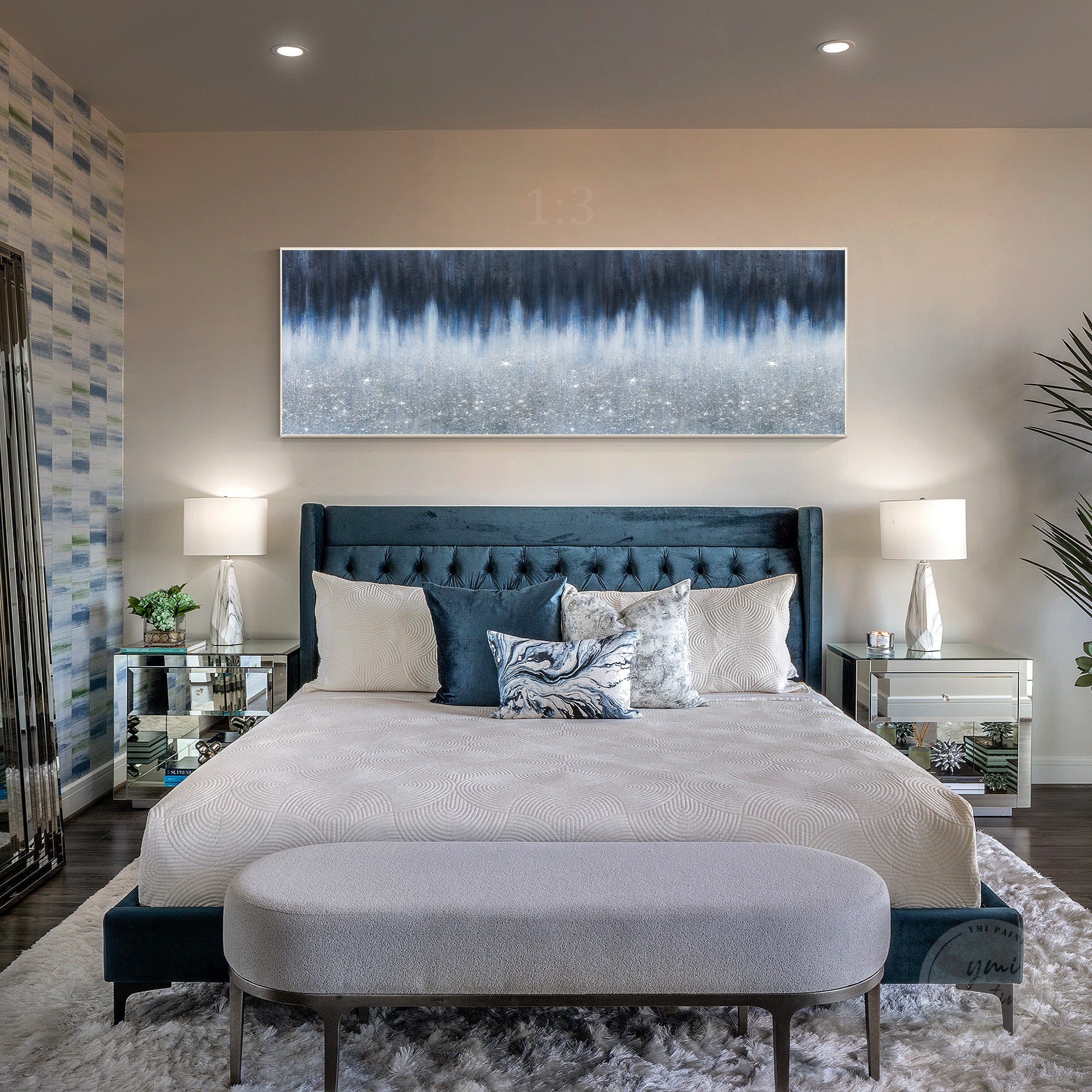 Modern abstract crushed glass artwork with deep navy tones, glitter accents, and sophisticated home decoration style