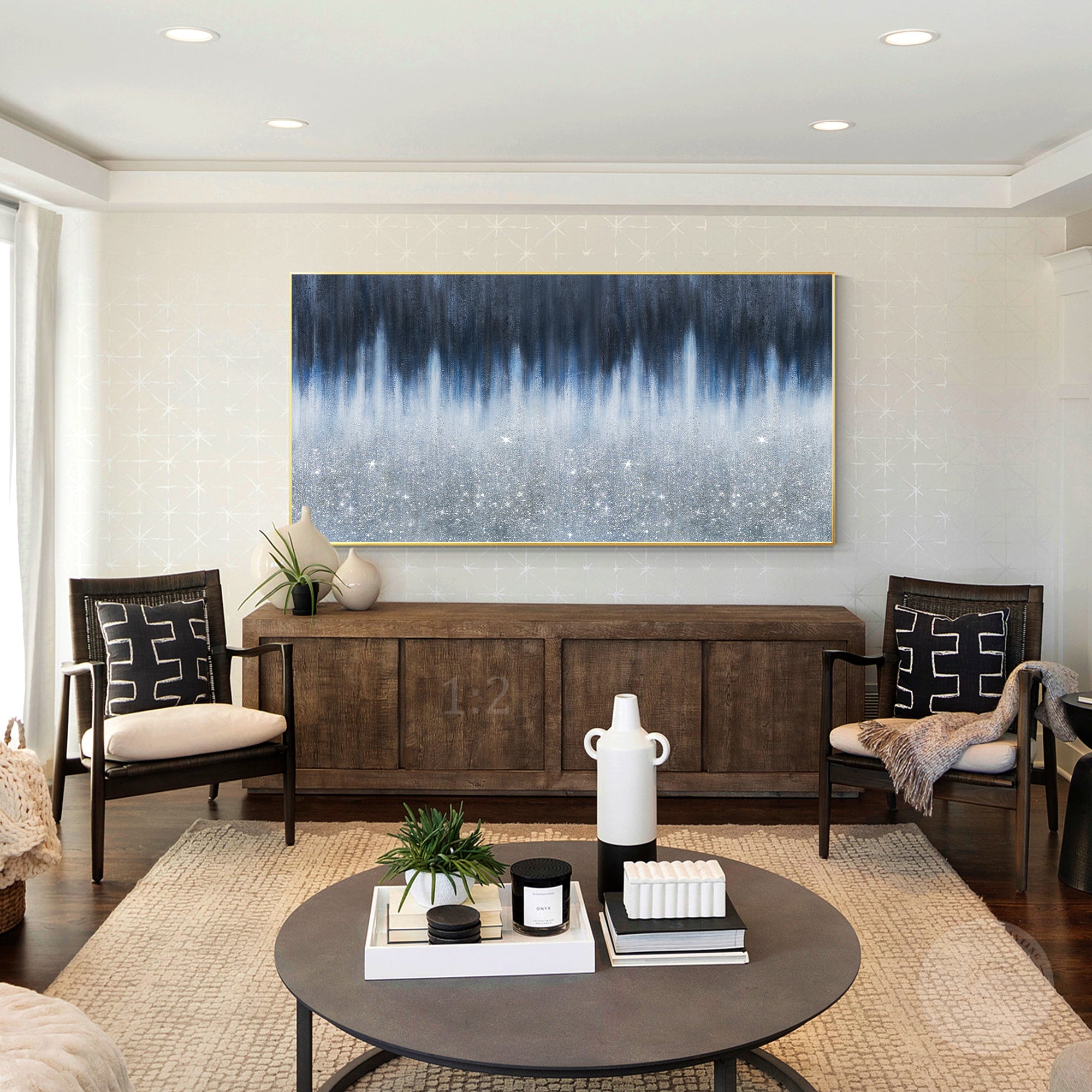 Premium abstract crushed glass artwork with navy blue tones and luxury metallic sparkle effect