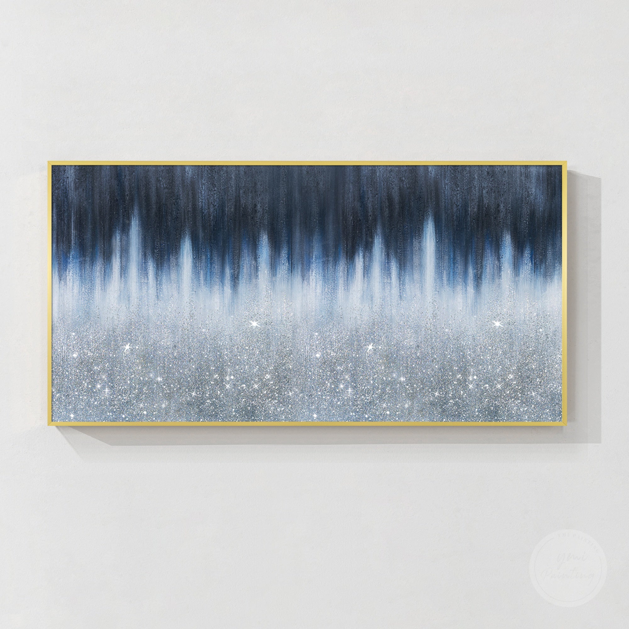 Unique navy crushed glass canvas painting with 3D texture, glitter accents, and modern home wall decoration
