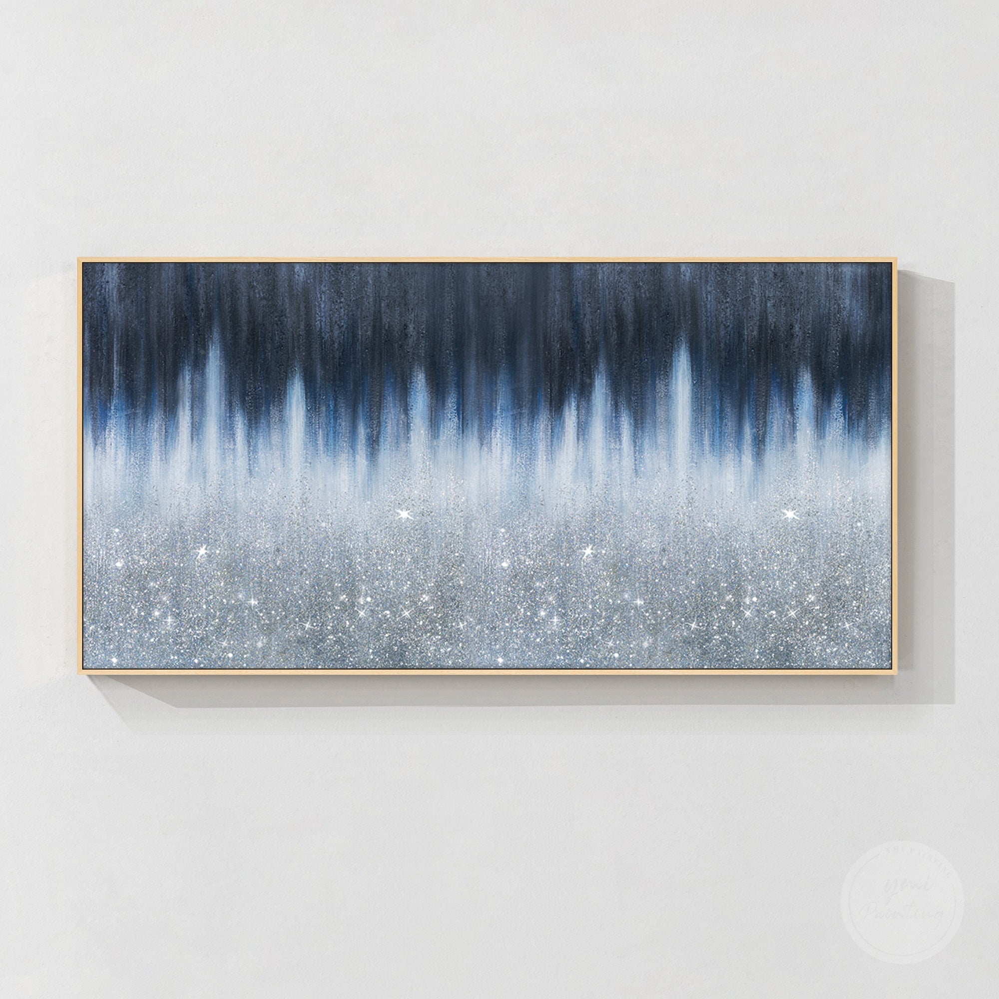 Unique navy crushed glass canvas painting with 3D texture, glitter accents, and modern home wall decoration