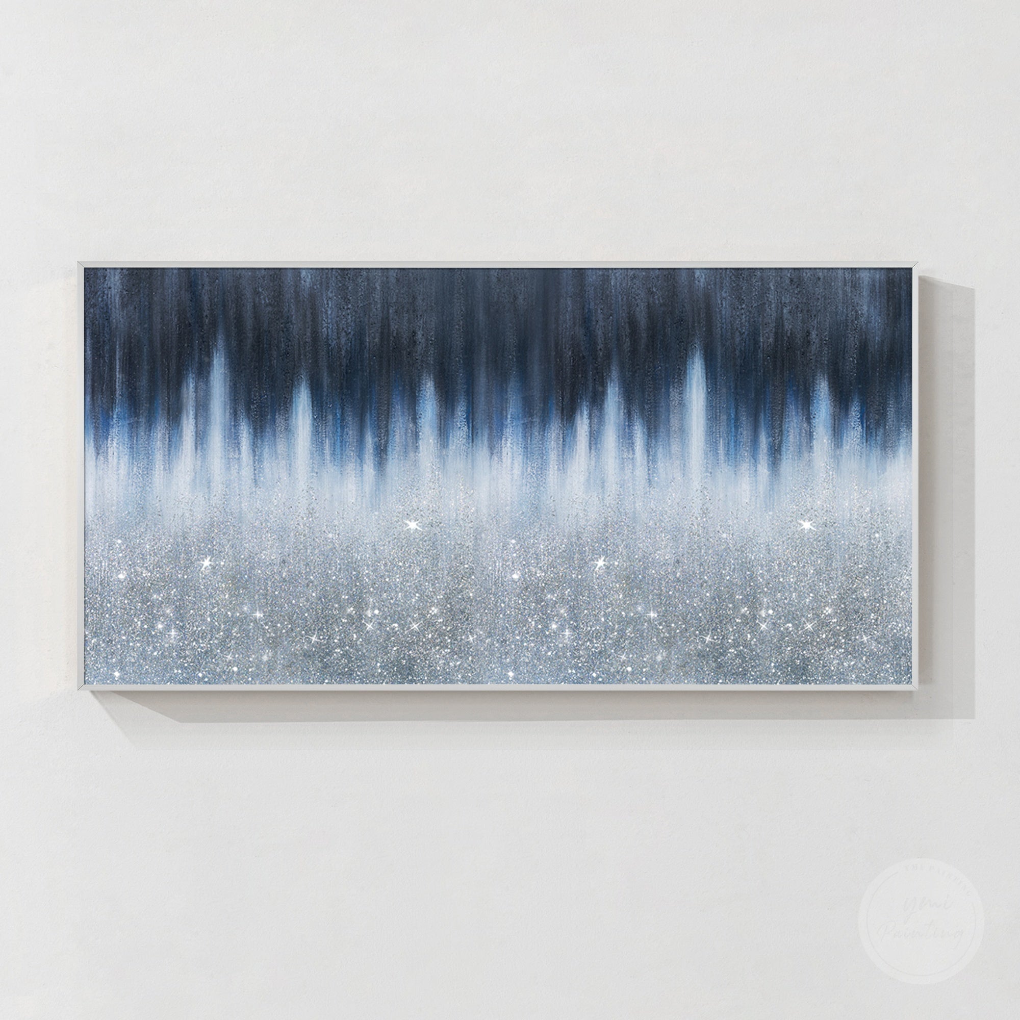 Unique navy crushed glass canvas painting with 3D texture, glitter accents, and modern home wall decoration