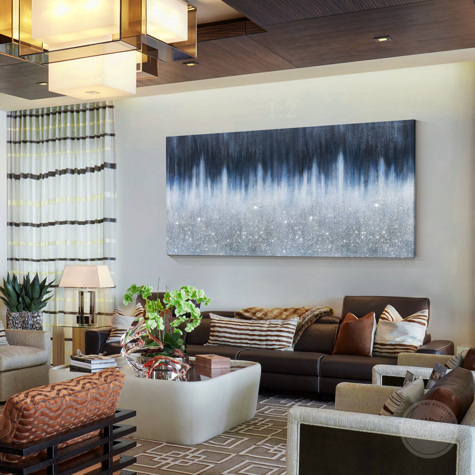 Elegant dark navy crushed glass painting with shimmering details for modern living room and interior decoration