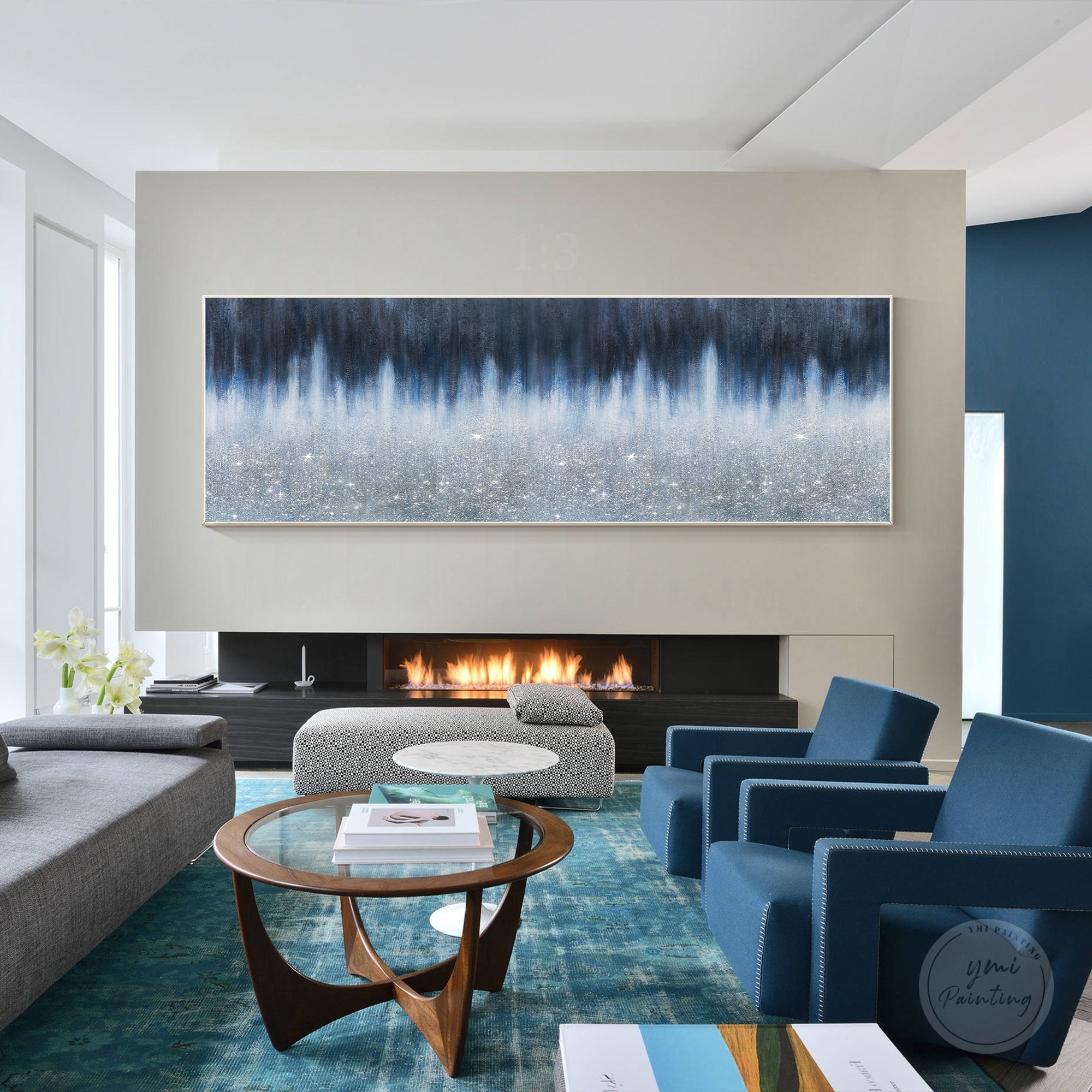Handmade crushed glass canvas art featuring navy colors, sparkling details, and a unique 3D textured surface