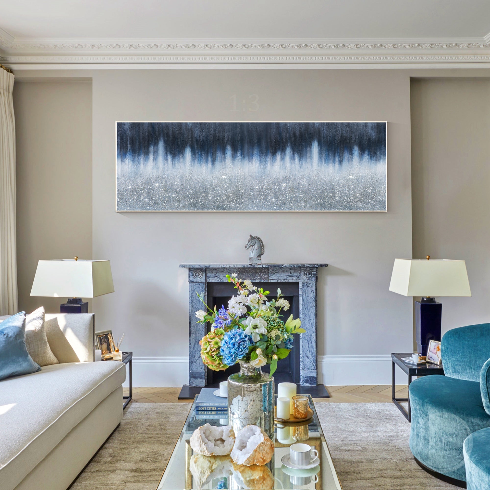 Contemporary navy blue abstract wall decor with glass fragments, glitter effects, and premium artistic texture