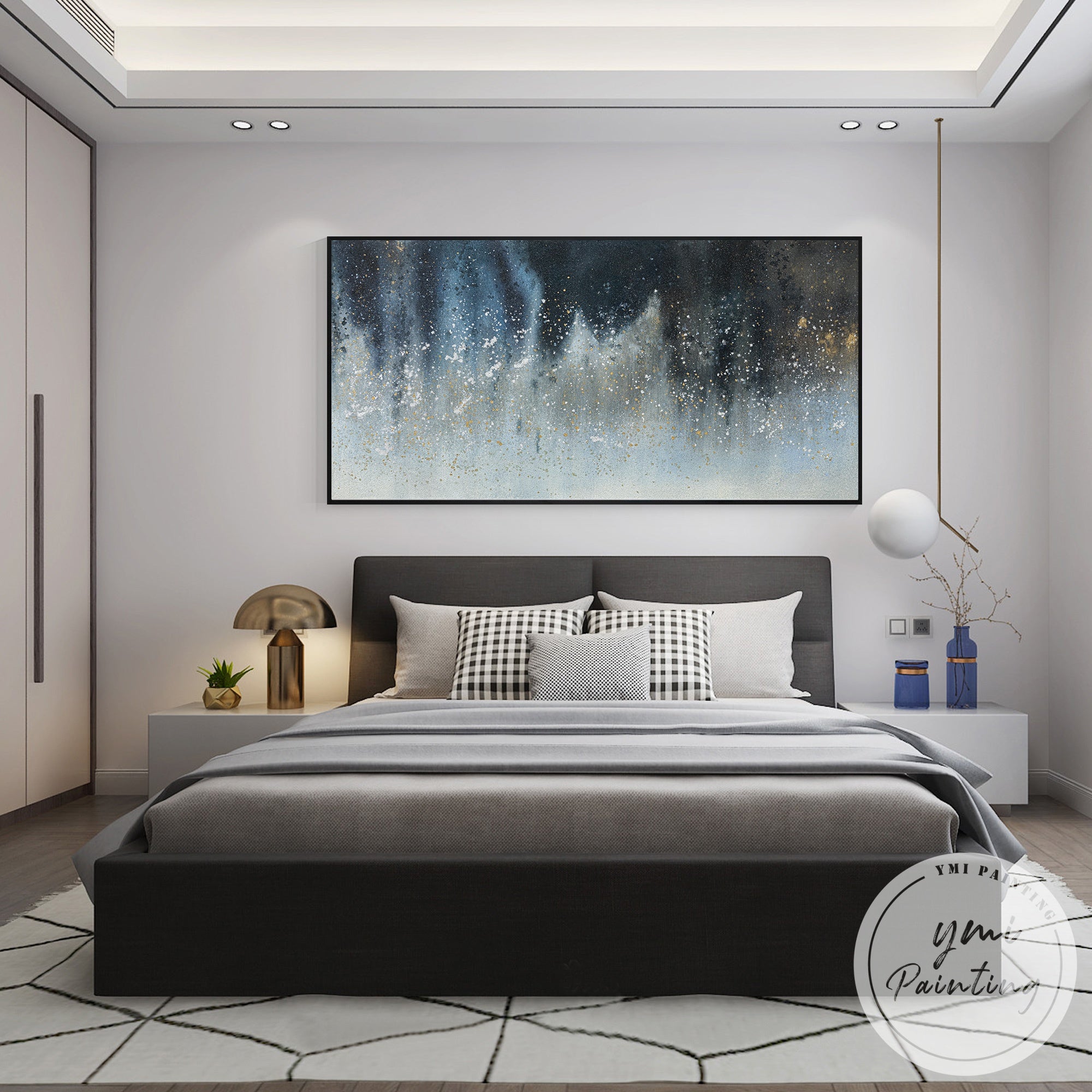 Modern luxury wall art canvas with navy blue and gold contemporary design