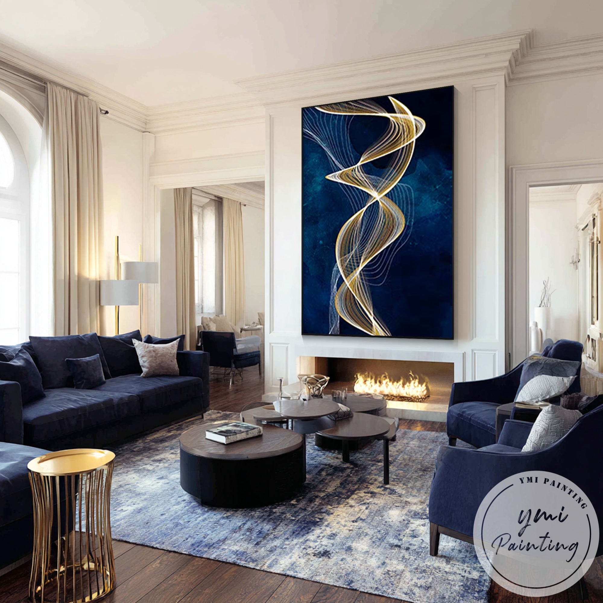 Extra large abstract ribbon artwork in modern navy and gold design