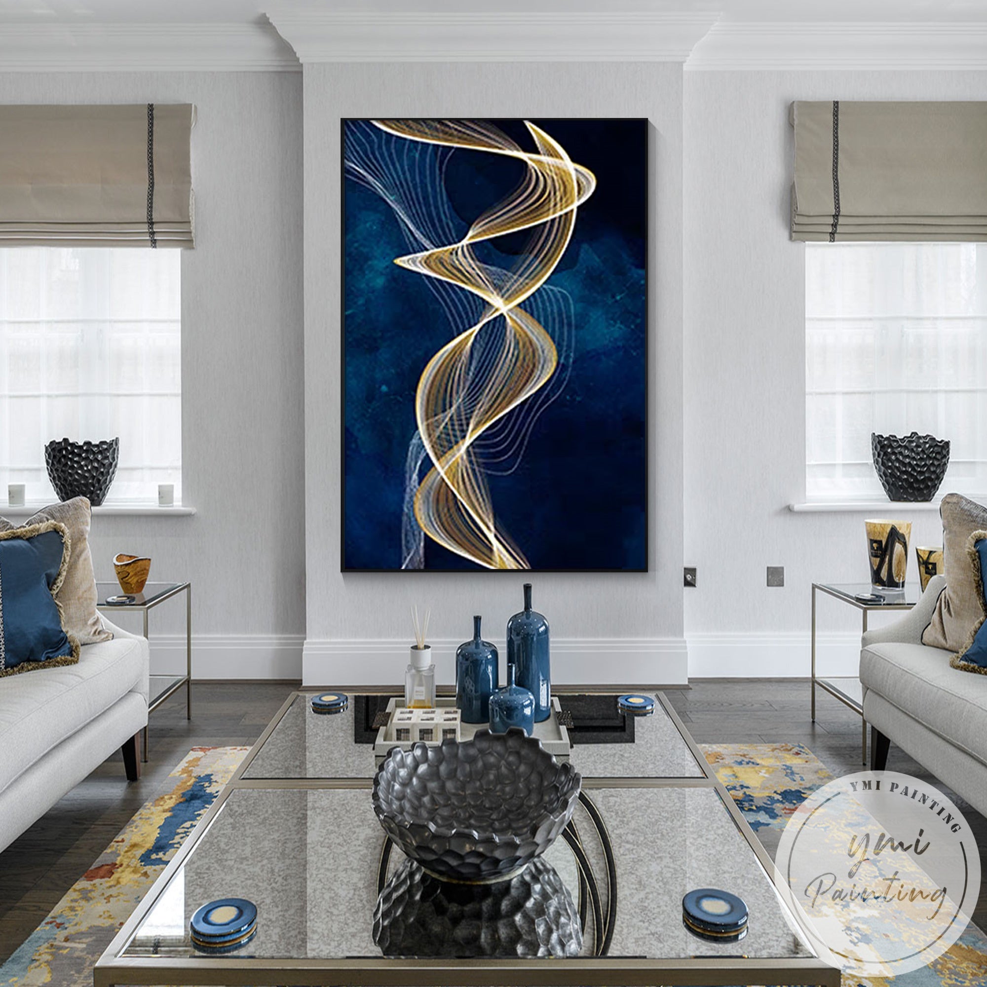 Contemporary luxury wall decor with flowing gold ribbon texture
